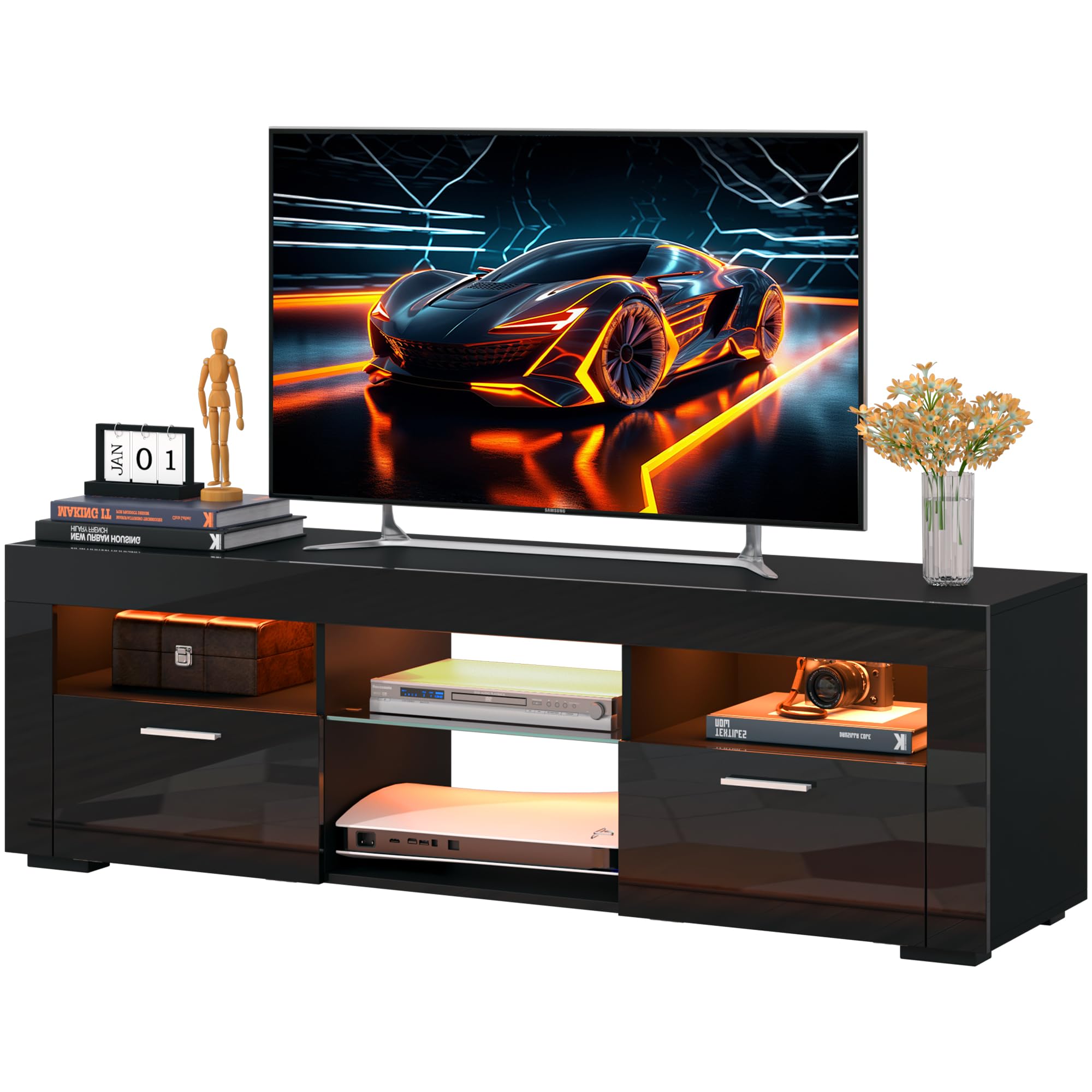 55 Inch TV Stand with High-Gloss Finish - Modern Entertainment Center for 55