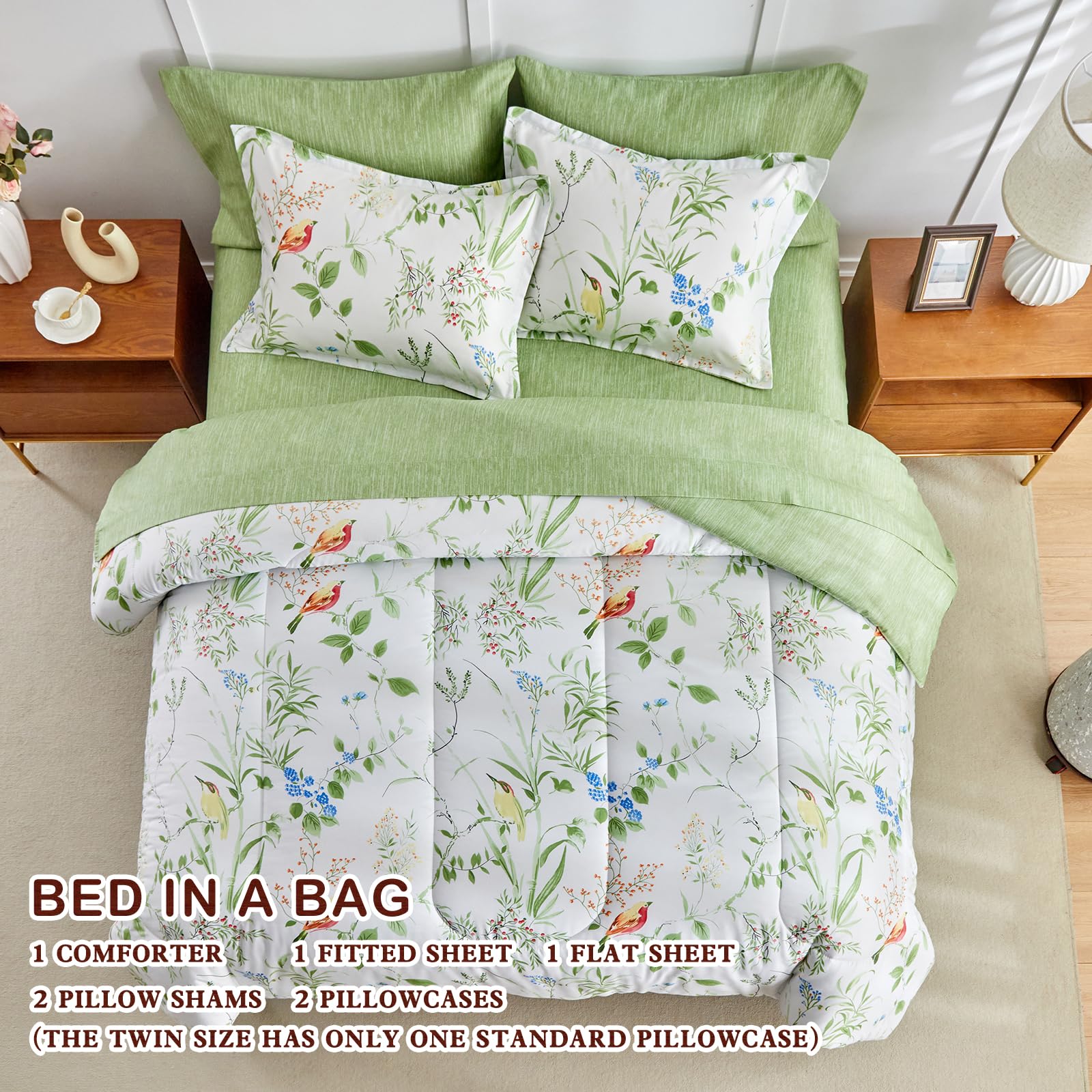 Joyreap 6-Piece Twin Bed in a Bag Set - Floral Comforter & Sheet Set with Green Leaves & Colorful Birds on White Design | All-Season Microfiber Bedding for Kids, Teens & Guest Rooms | Soft, Breathable & Easy Care