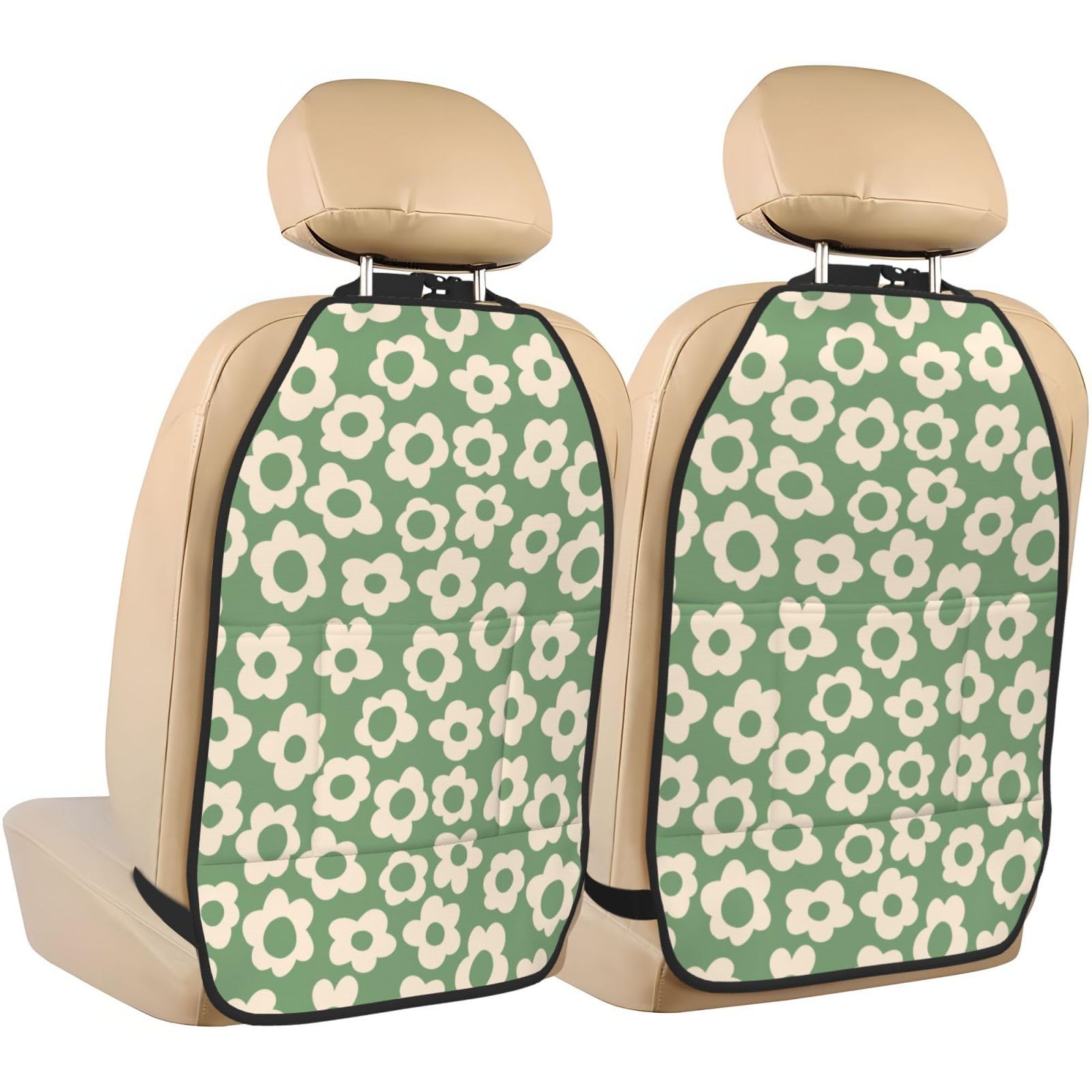 Vintage Groovy Flowers Car Seat Back Kick Protectors - 2 Pack Waterproof Kick Mats with Storage Pockets for Vehicles, Protects from Dirt, Mud & Scratches - Perfect for SUVs, Minivans & Family Cars (Road Trips, School Runs & Daily Commute)