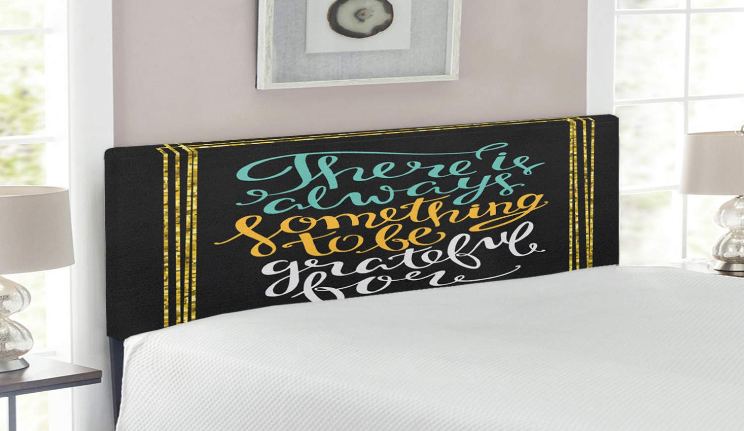 Grateful Calligraphic Headboard - Upholstered Metal Bed Frame with Memory Foam, Queen Size, Multicolor | Elegant Yellow Frame & Appreciation Slogan | Perfect for Bedroom Decor & Guest Room Styling