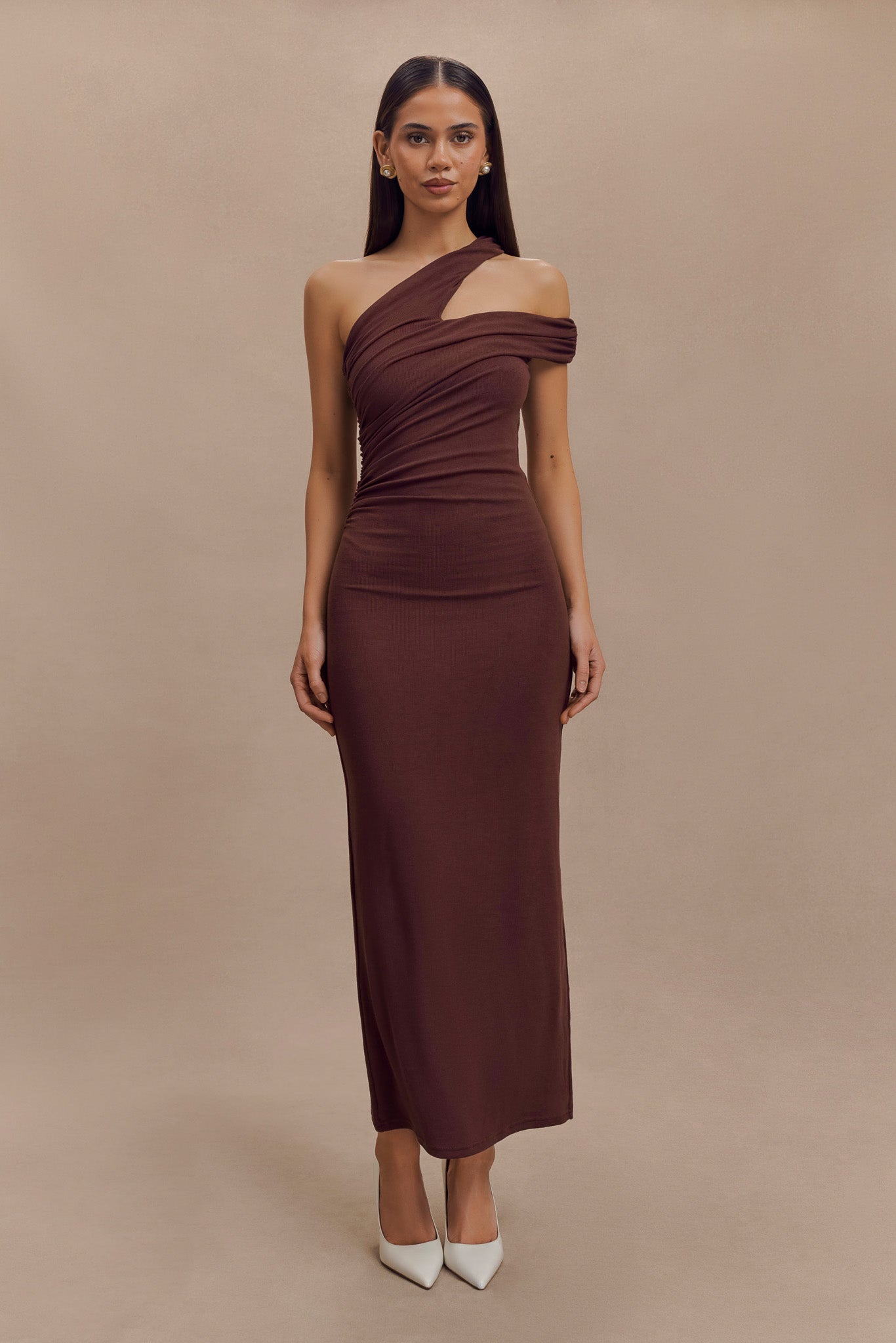 Anastasia One Shoulder Modal Midi Dress in Mahogany - Elegant Women's Formal & Party Wear for Evening Events, Weddings & Special Occasions