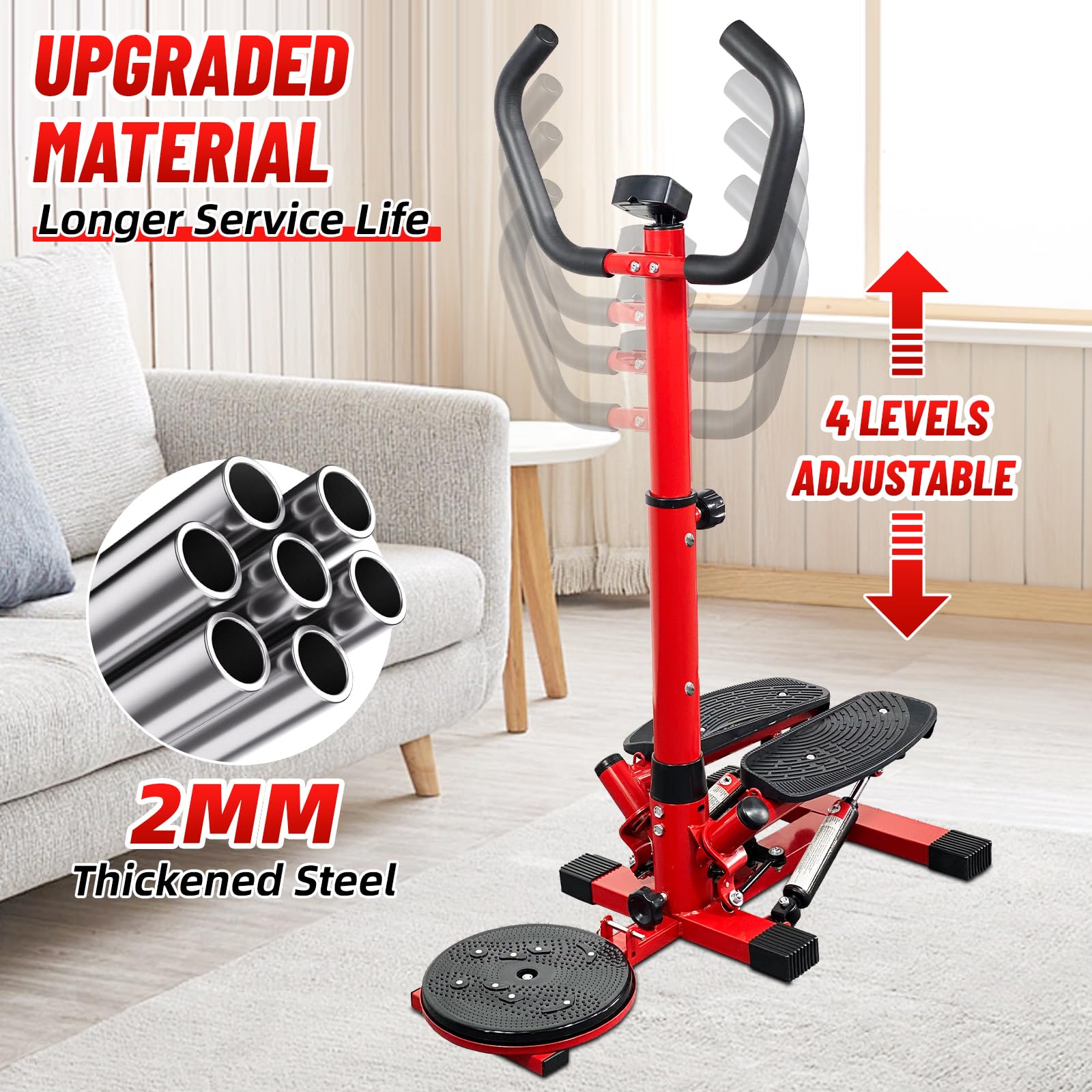 Mini Stepper with Handlebar & Resistance Bands - 330lbs Capacity Twist Stepper Machine for Home Cardio, Full-Body Workout & Fitness - Perfect for Small Spaces, Office Exercise & Weight Loss (Red)