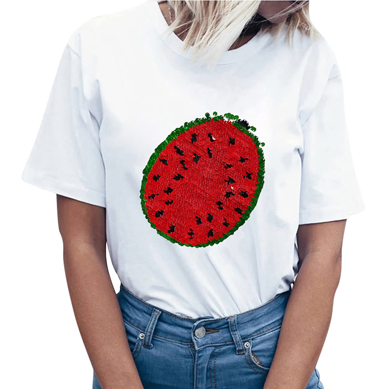 MJIPPH Women's Watermelon Print Sequins T-Shirt - Fashion O-Neck Short Sleeve Casual Blouse for Summer, Holiday & Party Wear | Cute Loose Fit Top for Daily Outfits