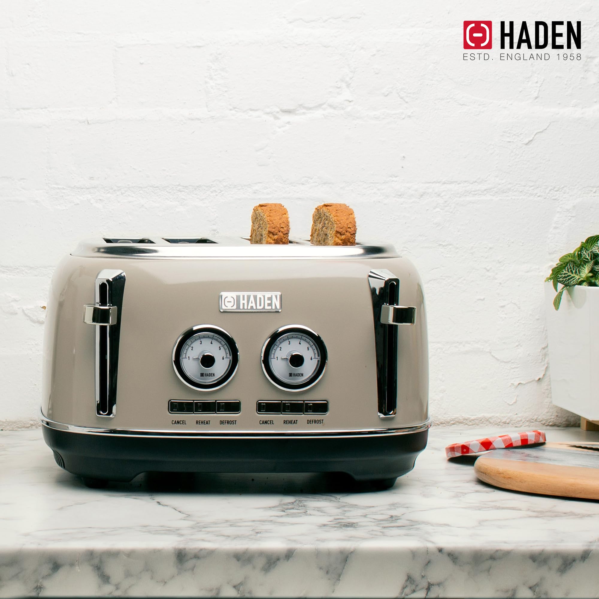 Haden 12 Cup Programmable Drip Coffee Maker with Dorset 4-Slice Wide Slot Stainless Steel Toaster Set - Perfect for Home Kitchen, Office, and Breakfast Nook - Putty & Chrome Finish
