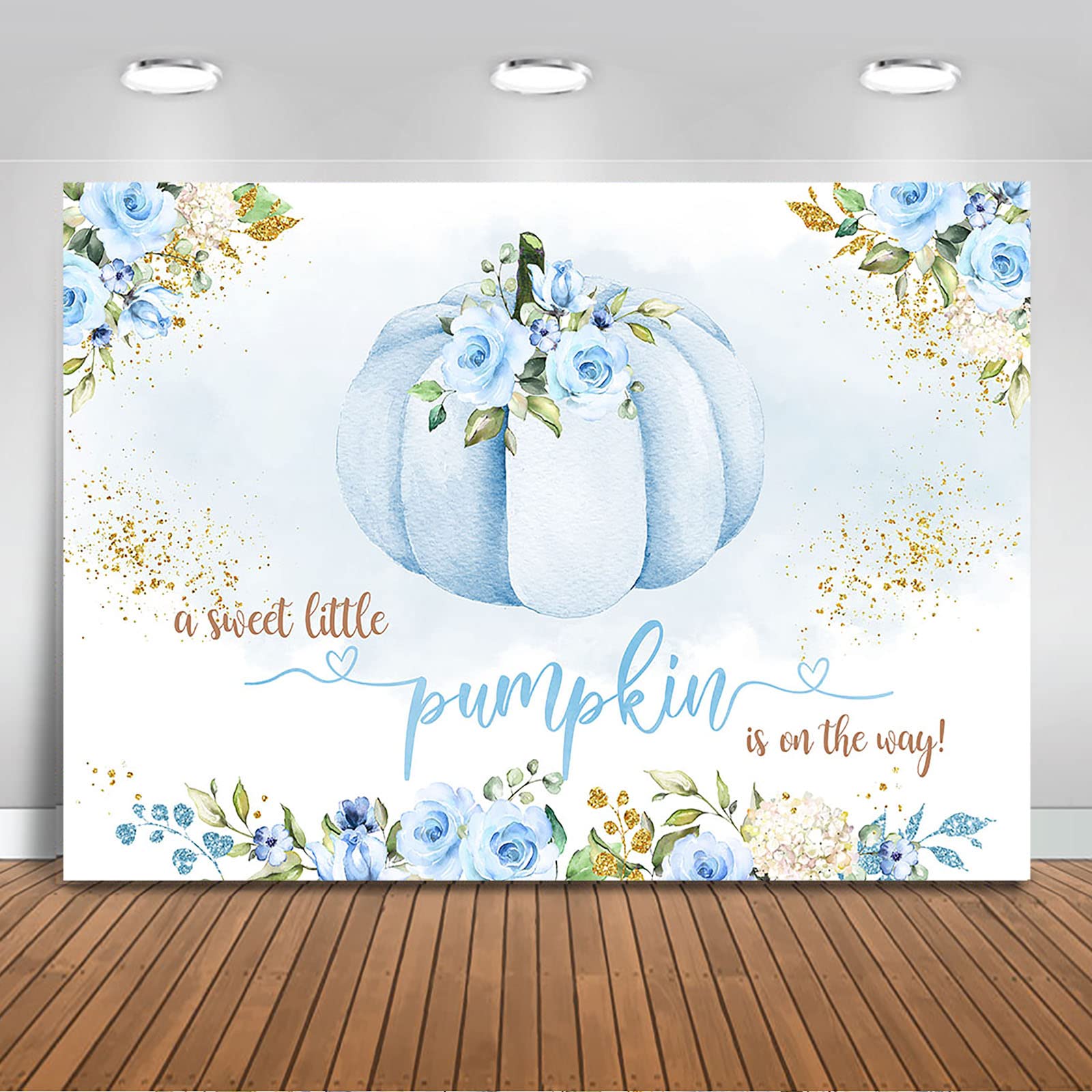 Blue Floral Pumpkin Baby Shower Backdrop - 8x6ft Autumn Themed Photography Background for Fall Baby Shower Decorations, Newborn Photo Shoot, and Seasonal Party Decor