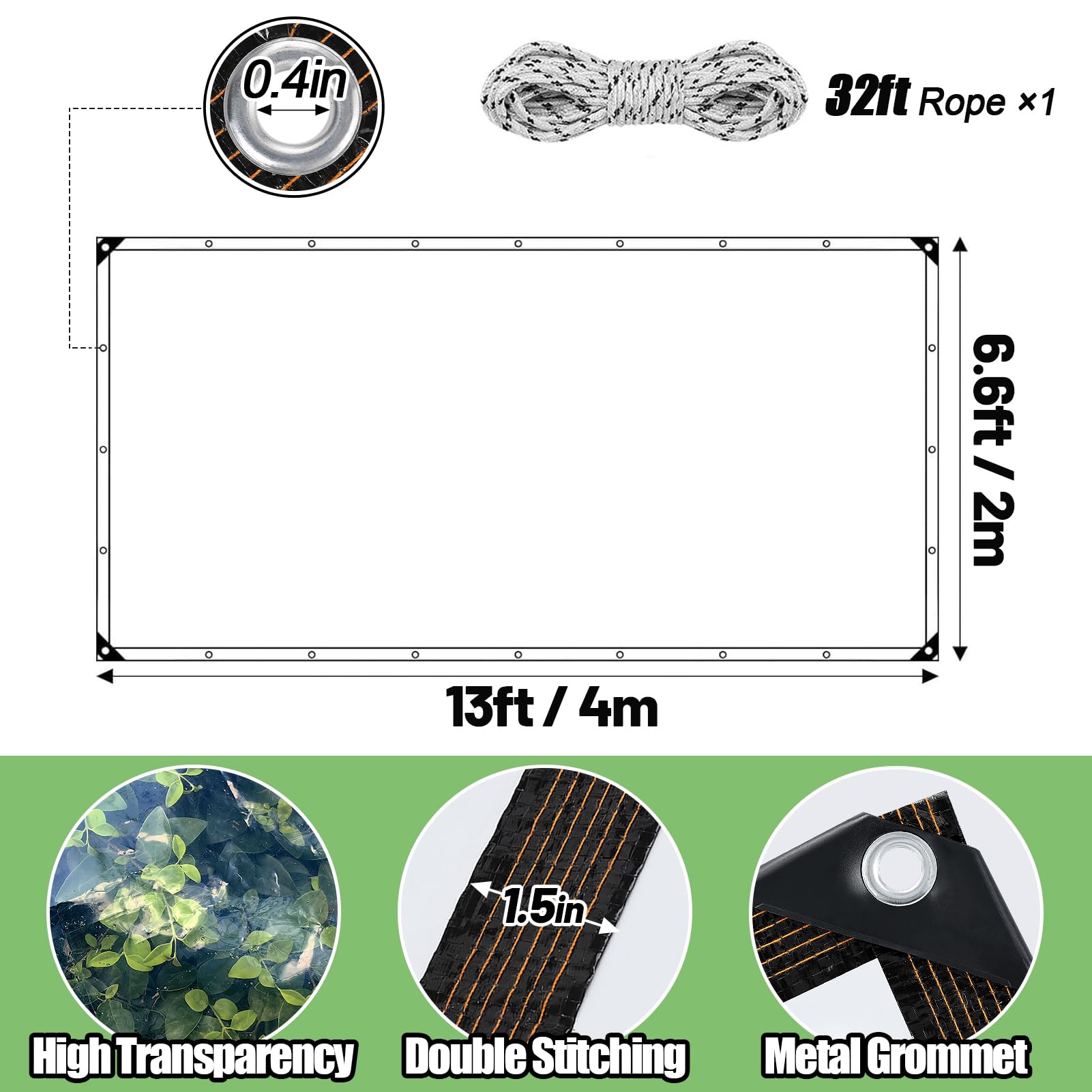 6.6 x 13 ft Heavy Duty Clear PVC Tarp - 5 Mil Waterproof, Windproof & Snowproof Plastic Tarpaulin with Reinforced Grommets for Winter Protection, Garden Cover, Patio Enclosure, Chicken Coop, Window Shield - Ideal for Outdoor Use, Camping, Construction & Emergency Shelter