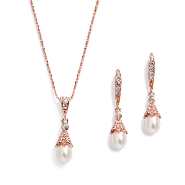 Katherine Rose Gold Freshwater Pearl Pendant Necklace Set - Elegant Jewelry Gift for Women, Bridesmaids, Anniversary | Perfect for Weddings, Parties & Special Occasions