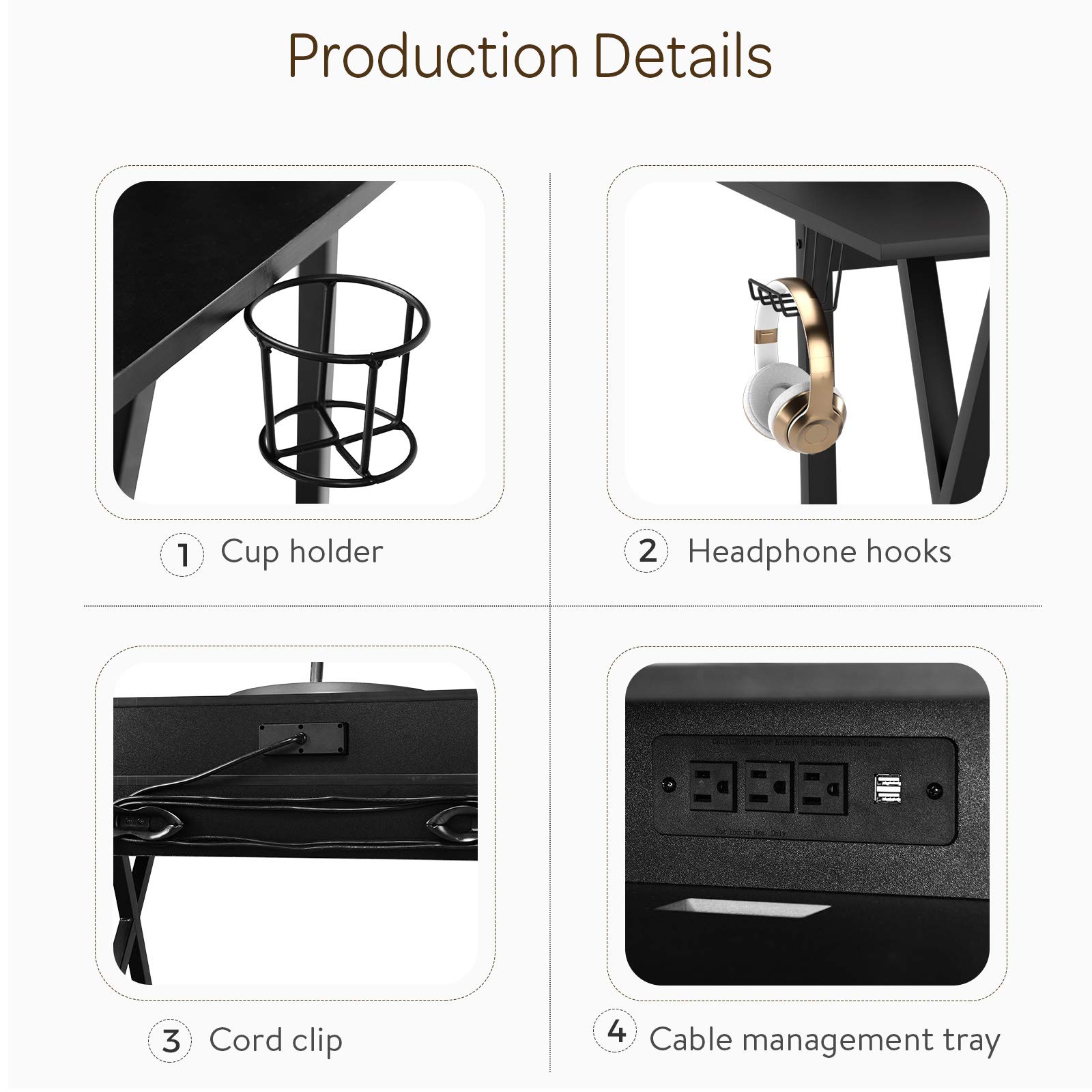 PowerStone 48 Inch Gaming Desk with Carbon Fiber Surface - Ergonomic Computer Desk for Gaming & Office Work - Includes Monitor Stand, USB Power Strip, Cup Holder & Headphone Hook - Perfect for PC Gamers & Home Office Setup (Black)