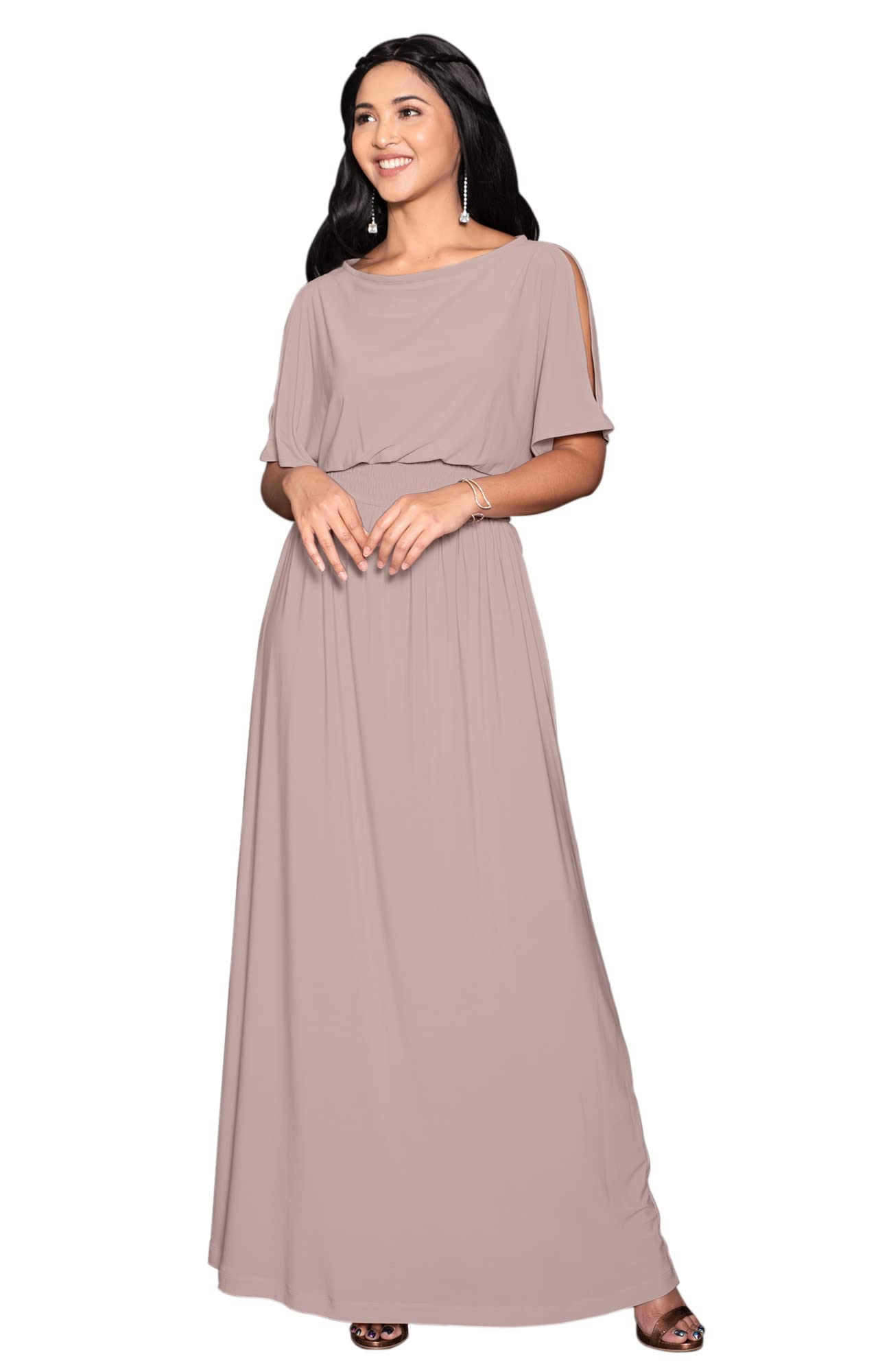 Elegant Women's Split Sleeve Smocked Cocktail Maxi Dress - Perfect for Evening Parties, Weddings & Special Occasions