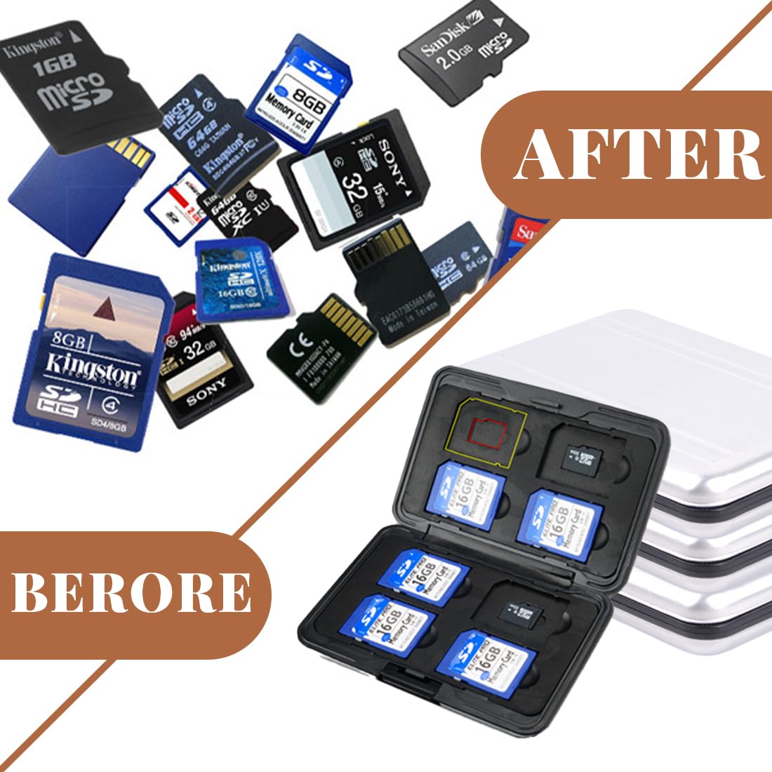 Waterproof SD Card Case Holder for 8 SD & 8 TF Cards - Silver Memory Card Storage Organizer with Protective Carry Bag | Perfect for Photographers, Travelers & Tech Enthusiasts