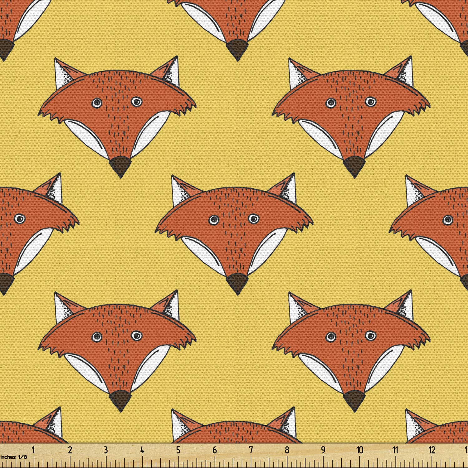 Ambesonne Fox Fabric by The Yard - Rust & Mustard Forest Animal Faces Print | 10 Yards Upholstery Material for Sofa, Curtains & Home Decor | Funny Nature-Themed Cartoon Design for Kids Room & Nursery Decor