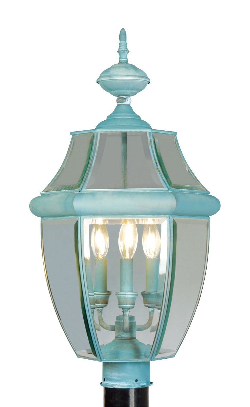 Livex Lighting 2354-06 Outdoor Post Light with Clear Beveled Glass Shades in Verdigris Finish - Perfect for Patio, Garden, and Pathway Lighting