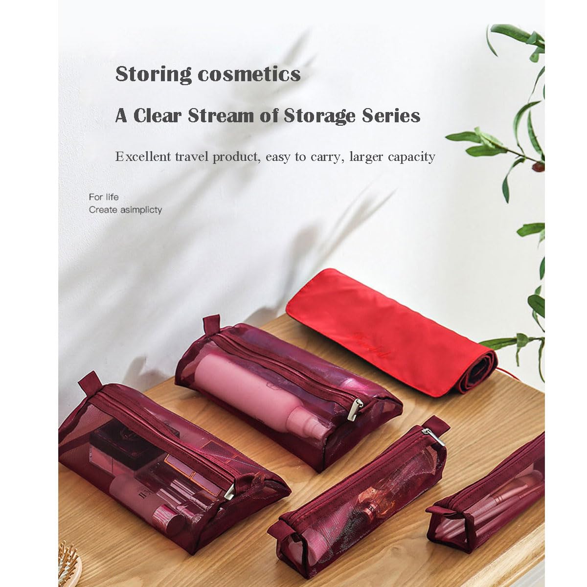 Travel Size Toiletries Organizer Set - 4 Mesh Hanging Bags for Women | Portable Makeup & Cosmetic Storage | Perfect for Backpacking, Gym, Air Travel & Camping (Red)
