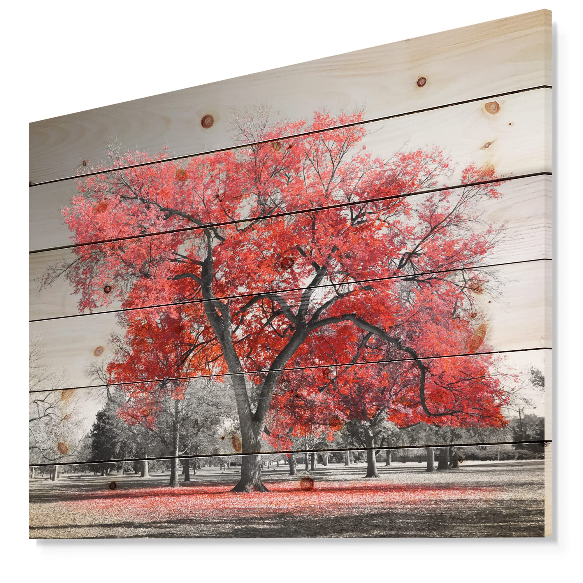 Big Red Tree On Foggy Day Nautical Coastal Wood Wall Decor - Rustic Pine Wood Art Panel with Landscape Print - Perfect for Living Room, Bedroom or Office Wall Decoration