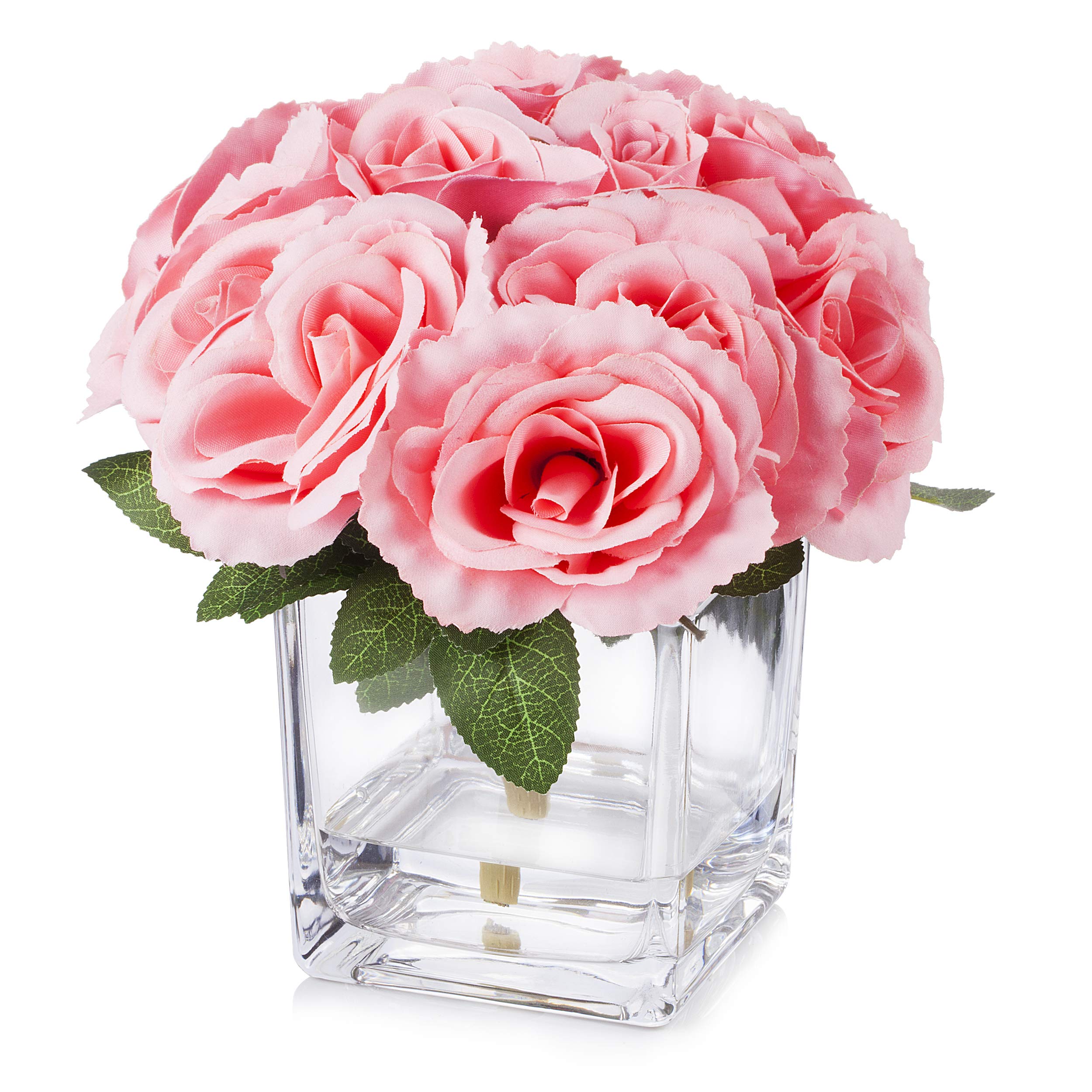 ENOVA HOME Artificial Velvet Rose Flower Arrangement in Clear Cube Glass Vase with Faux Water - Elegant Home & Office Decor, Wedding Centerpiece, Tabletop Display (Pink)
