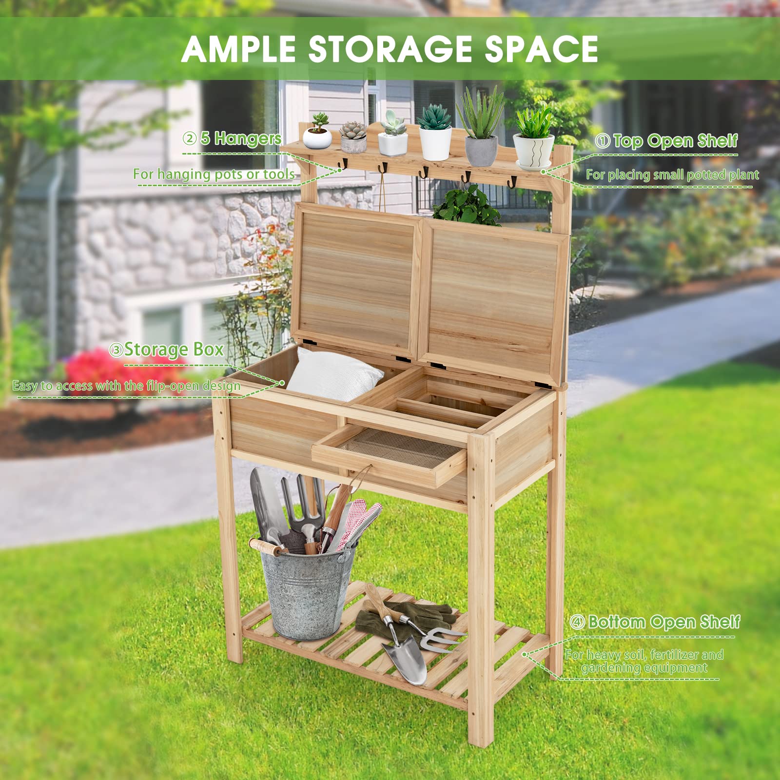 **Giantex Outdoor Potting Bench - Wooden Planting Table with Galvanized Metal Tabletop, Storage & Hangers for Gardening, Patio & Backyard Use**    *(Ideal for potting plants, organizing tools, and creating a functional gardening workspace at home!)*