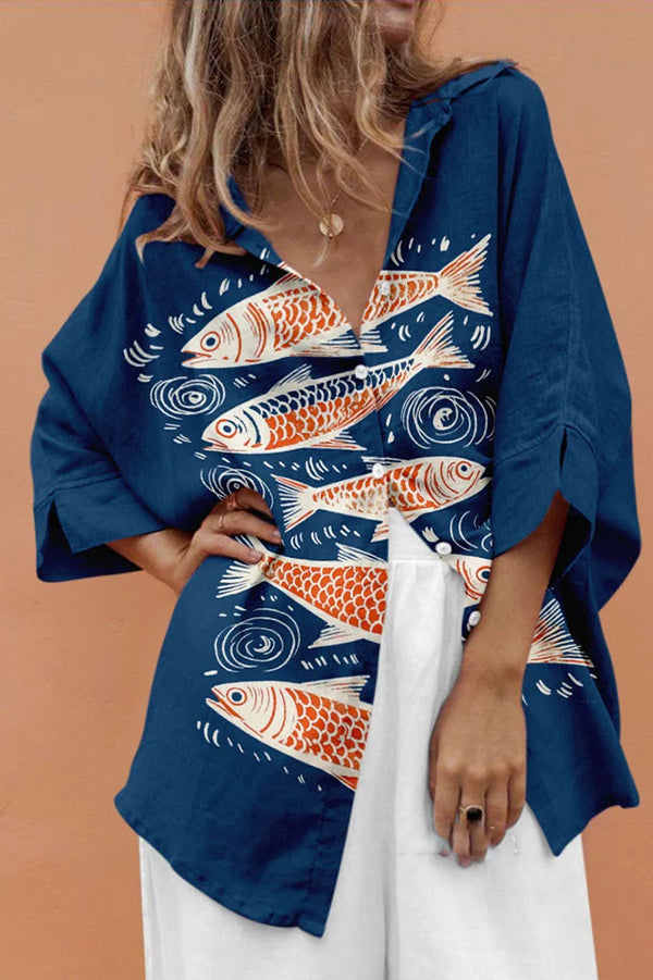 Stylish Marine Print Casual Loose Shirt Top for Women - Beachwear, Summer Vacation & Boho Outfit