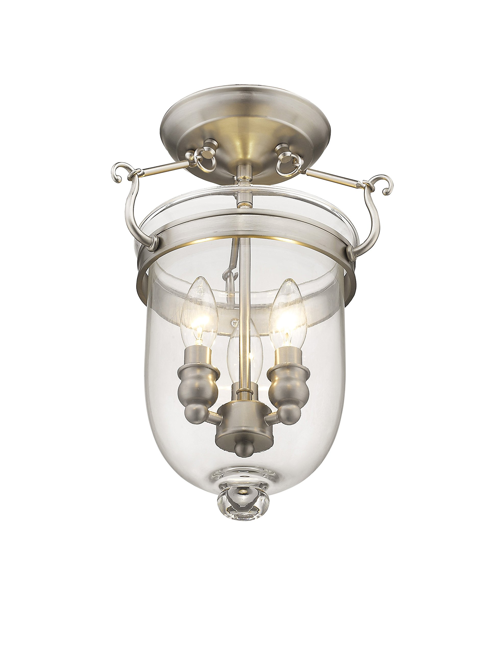 Livex Lighting Jefferson 3-Light Brushed Nickel Semi-Flush Mount Bell Jar Ceiling Fixture with Clear Glass Shades - Perfect for Dining Room, Bedroom, or Entryway Lighting