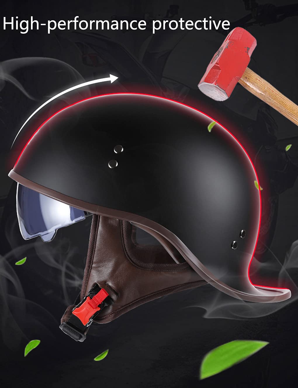 German Style DOT Approved Motorcycle Half Helmet for Men & Women - UV Visor, Vintage Skull Cap Design - Perfect for Scooter, Moped & Cruiser Riders - Ideal for Urban Commuting & Leisure Riding