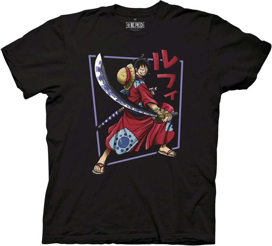 Official One Piece Monkey D Luffy Wano Country Arc Samurai Kimono Anime T-Shirt for Men - Short Sleeve Cotton Tee for Cosplay, Anime Conventions & Casual Wear