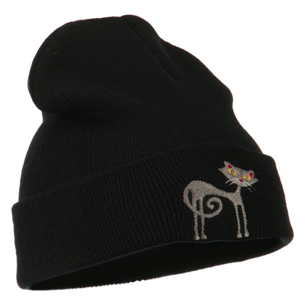 Black Cat Embroidered Long Beanie Hat for Women & Men - Winter Warm Knit Skull Cap with Cute Feline Design - Perfect for Cold Weather, Outdoor Activities, and Fashion Accessories