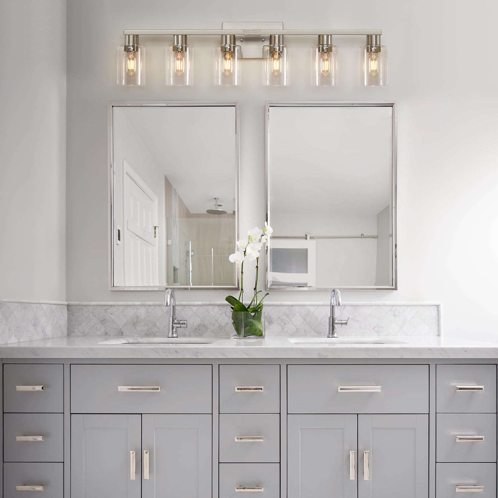6-Light Brushed Nickel Bathroom Vanity Light Fixture - Modern Wall Sconce with Clear Glass Shade for Mirror Lighting - Perfect for Master Bath, Powder Room & Spa-Style Decor