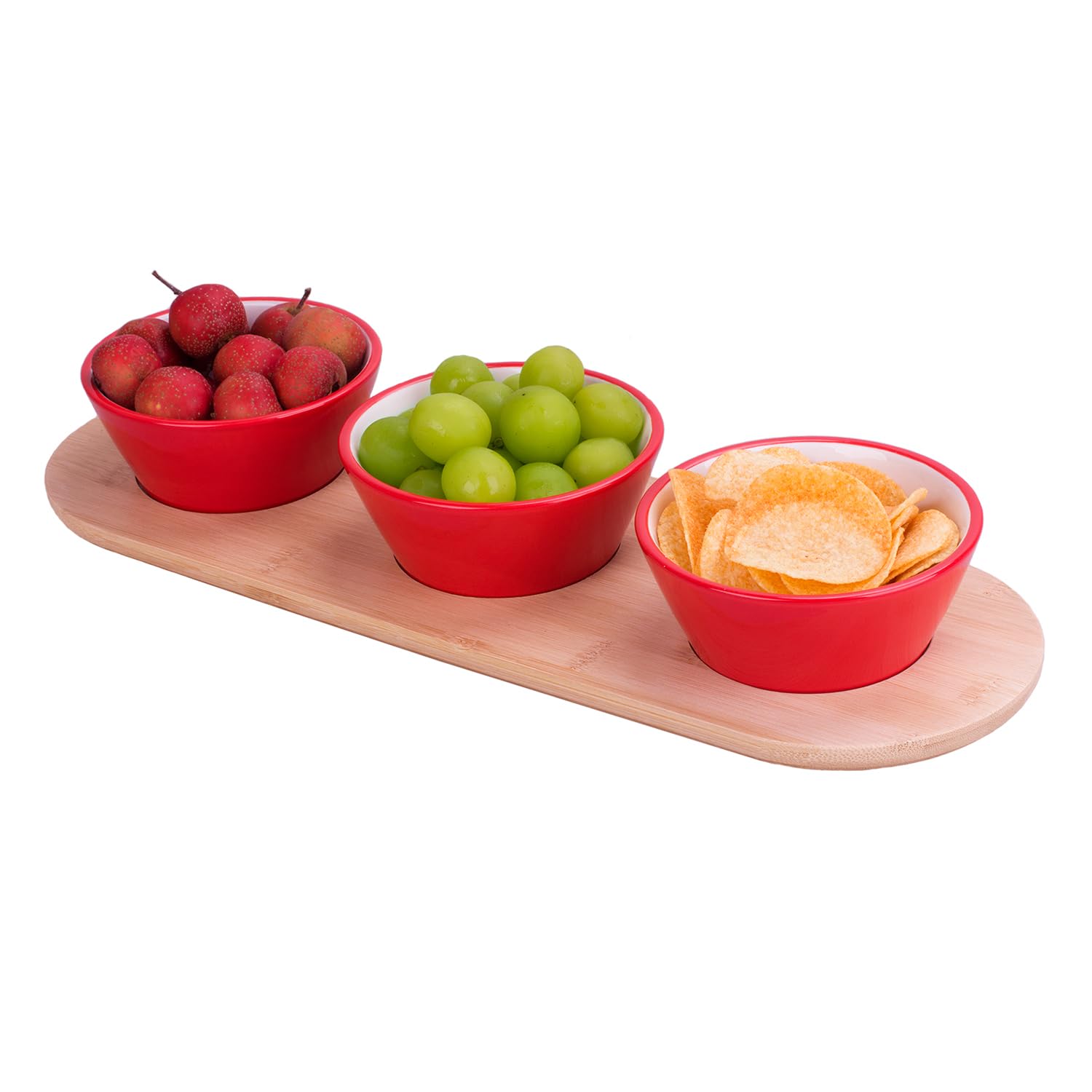 WOWCASE 10 oz Bamboo Wooden Chips and Dip Serving Platters Set - 2-Piece Appetizer Bowls for Snacks, Salsa, Condiments, Berries & Desserts | Perfect for Parties, Entertaining, Game Nights & Family Gatherings (Red)