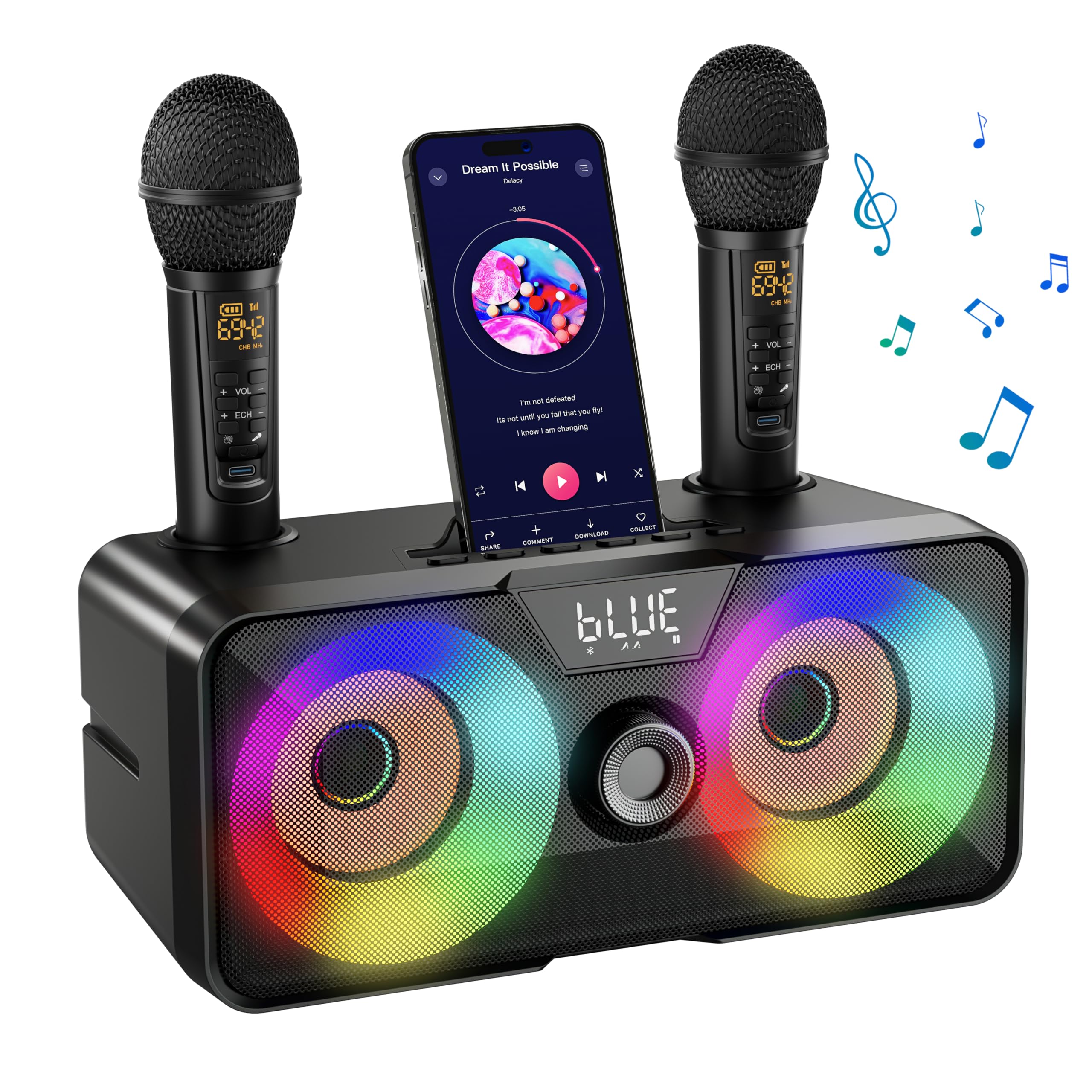 Portable Bluetooth Karaoke Machine with 2 UHF Wireless Microphones & LED Lights - Home Party Speaker System for Adults & Kids | Indoor/Outdoor Use, Weddings, Church Events, Birthday Gifts & Family Gatherings