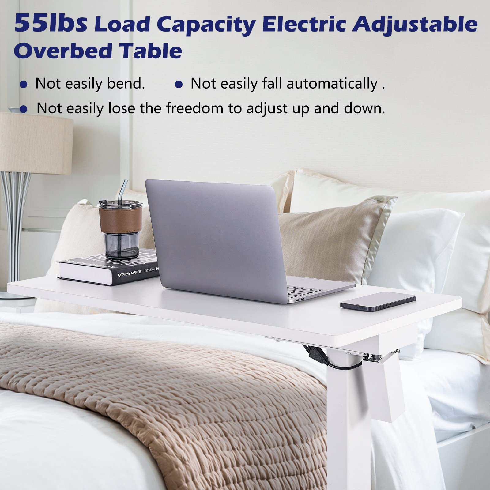 TOPSKY Adjustable Height Overbed Table with Wheels - Mobile Rolling Laptop Desk for Home Office, Hospital, Bedroom - White & White Frame - Perfect for Working, Eating, Studying in Bed or Sofa