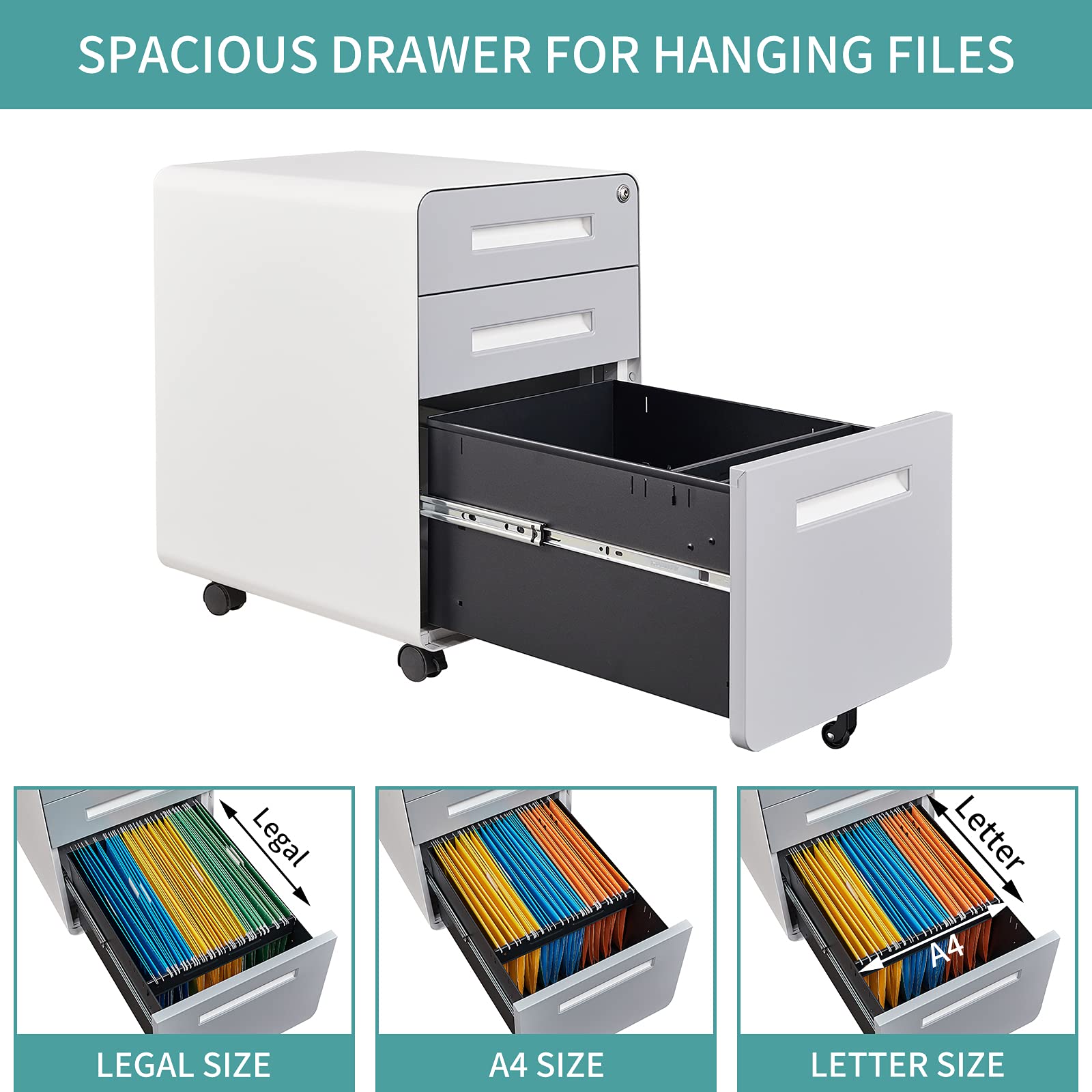 MIIIKO White File Cabinet - Modern Small Rolling Locking Metal Filing Cabinet for Home Office, Legal & Letter Size, Round Corner Design - Perfect for Organizing Documents in Small Spaces, Offices & Classrooms