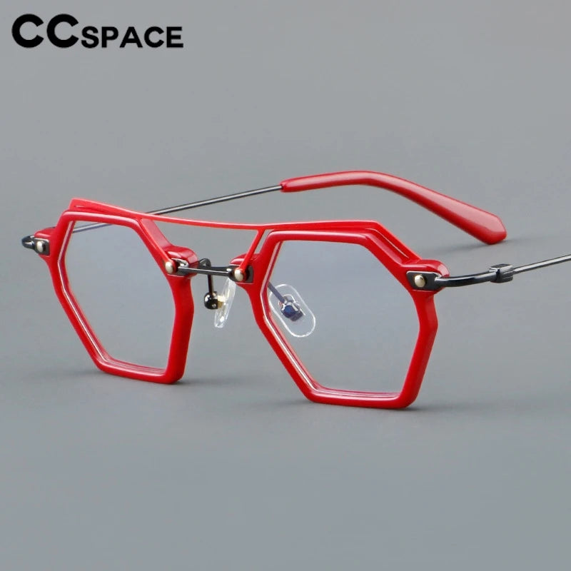 CCspace Unisex Full Rim Polygon Double Bridge Acetate Alloy Eyeglasses 3812 - Stylish & Durable Frame for Men & Women - Perfect for Work, Reading & Fashion Accessories