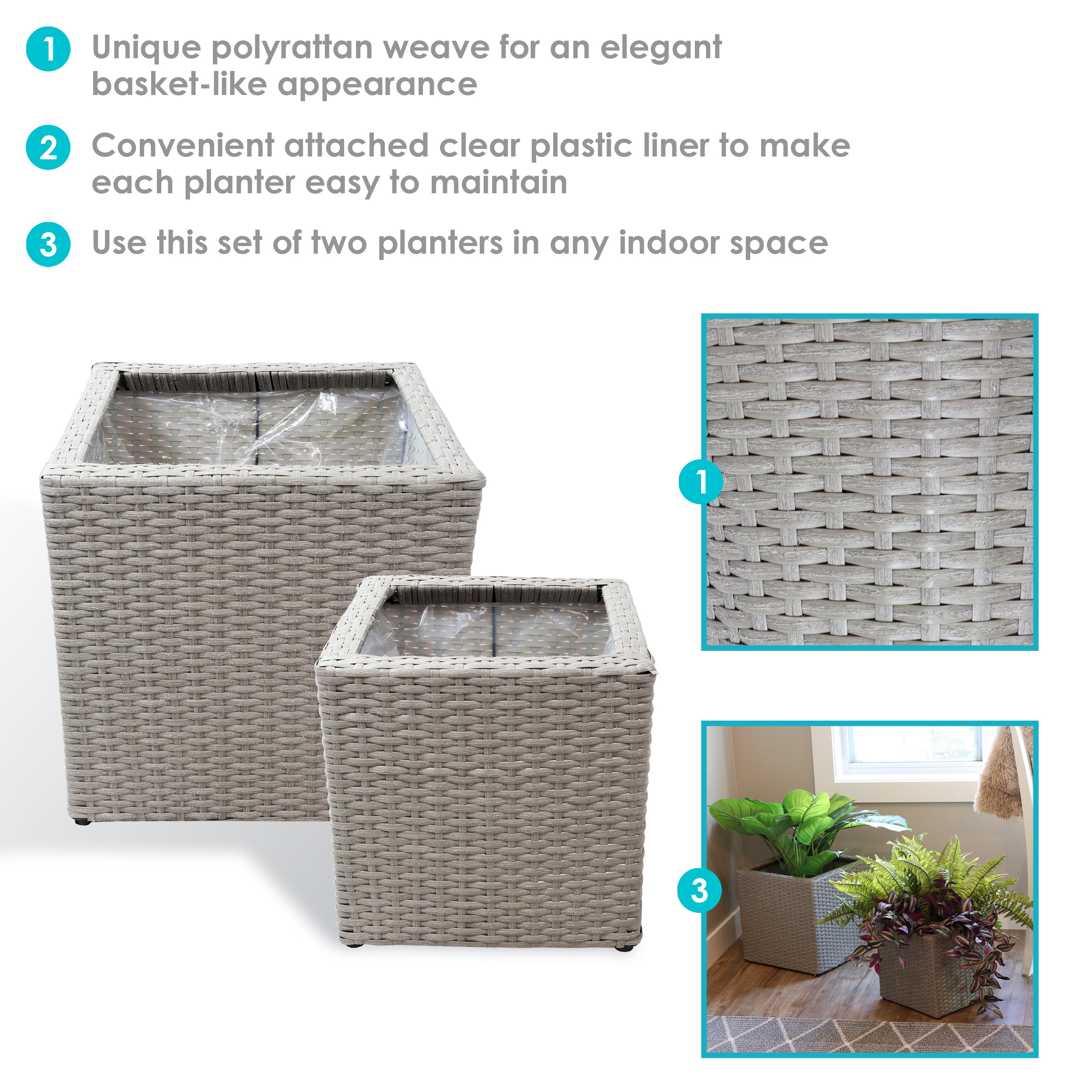 Sunnydaze Poly Rattan Square Indoor Planters Set - 1 Large & 1 Small Modern Decorative Flower Pots for Home, Office, Living Room, Balcony Decor - Perfect for Succulents, Herbs, and Houseplants