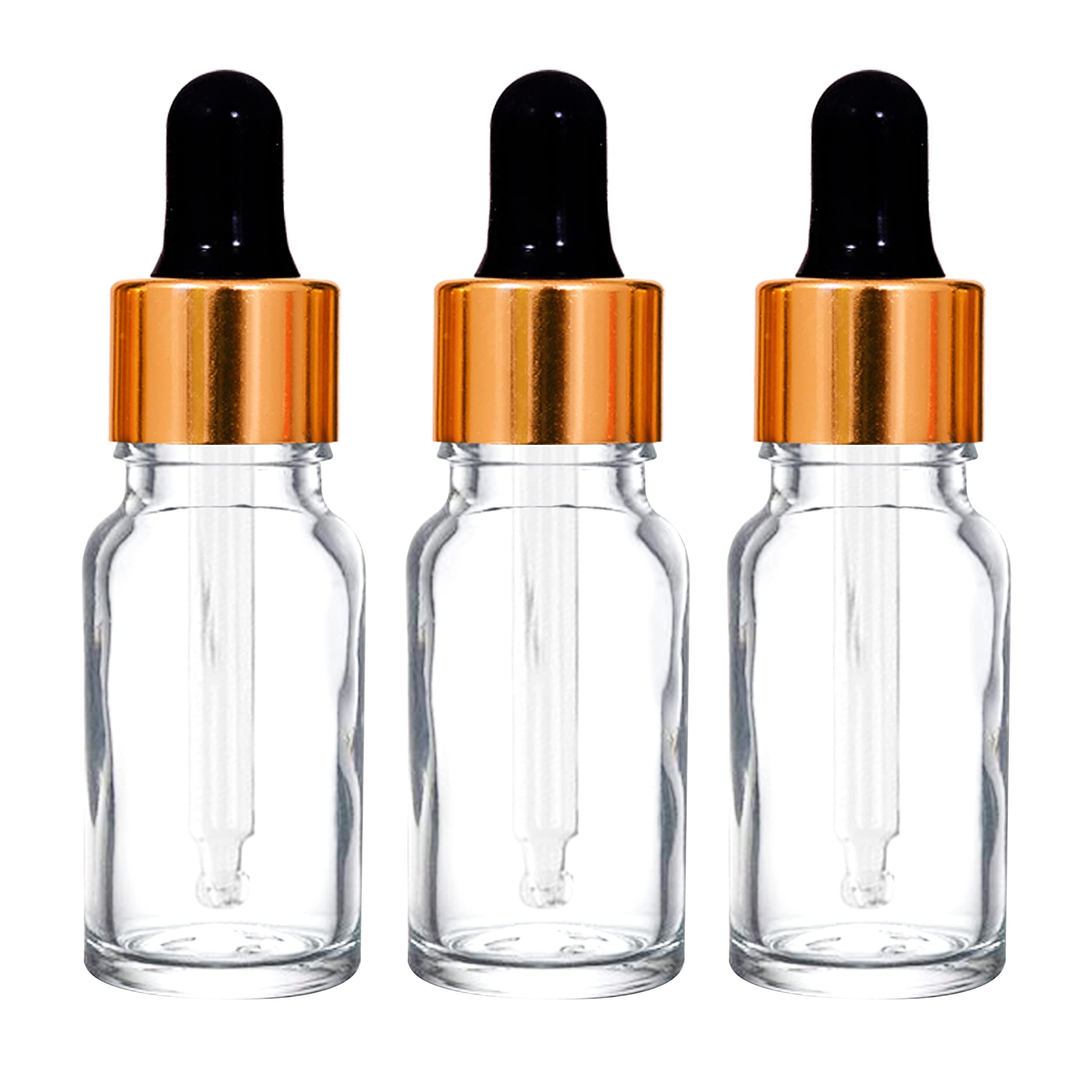 NSB Herbals 10ml Clear Round Empty Glass Bottle with Glass Dropper, Gold Ring & Black Silicone Teat - 6 Pack | Leakproof, Refillable for Essential Oils, Perfumes, DIY Beauty & Aromatherapy