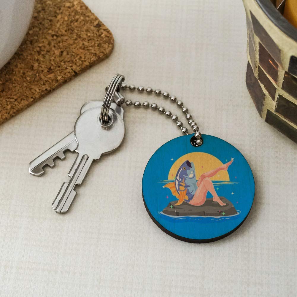 Unique Reverse Mermaid with Tuna Head Wooden Keychain - Handcrafted Round Key Ring for Fantasy Lovers, Perfect for Gifts, Cosplay & Beach Accessories