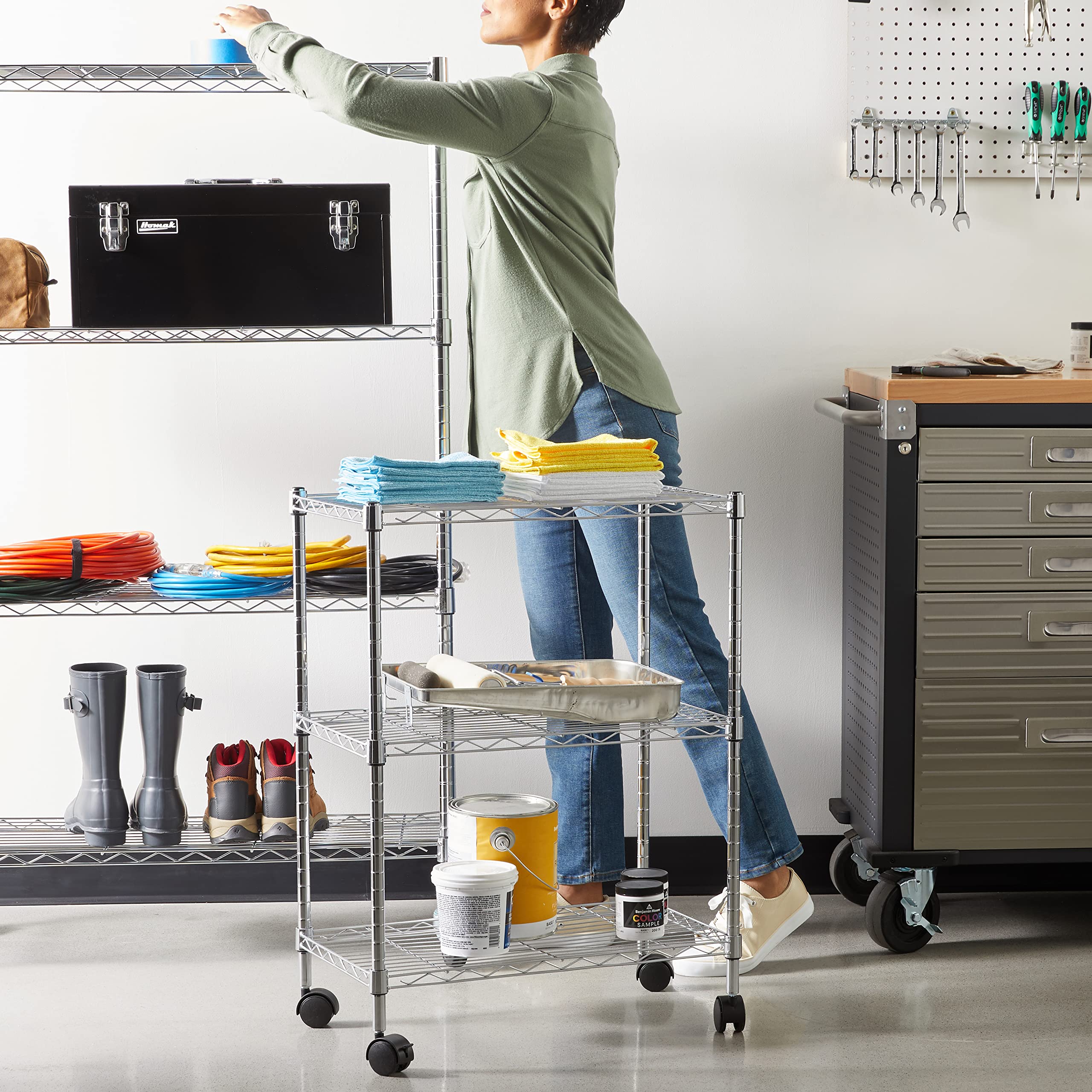 Amazon Basics 3-Tier Narrow Chrome Utility Cart with Wheels, Adjustable Shelves & Legs, 750 lbs Capacity, 34 x 58.9 x 83.2 cm (DxWxH) - Perfect for Kitchen, Garage, Office, or Workshop Storage & Organization