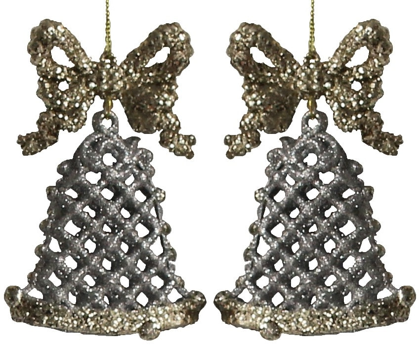 2 Pack Gold Glitter Christmas Bell Ornaments - Holiday Tree Decorations, Party Favors, Gift Toppers & Festive Home Decor