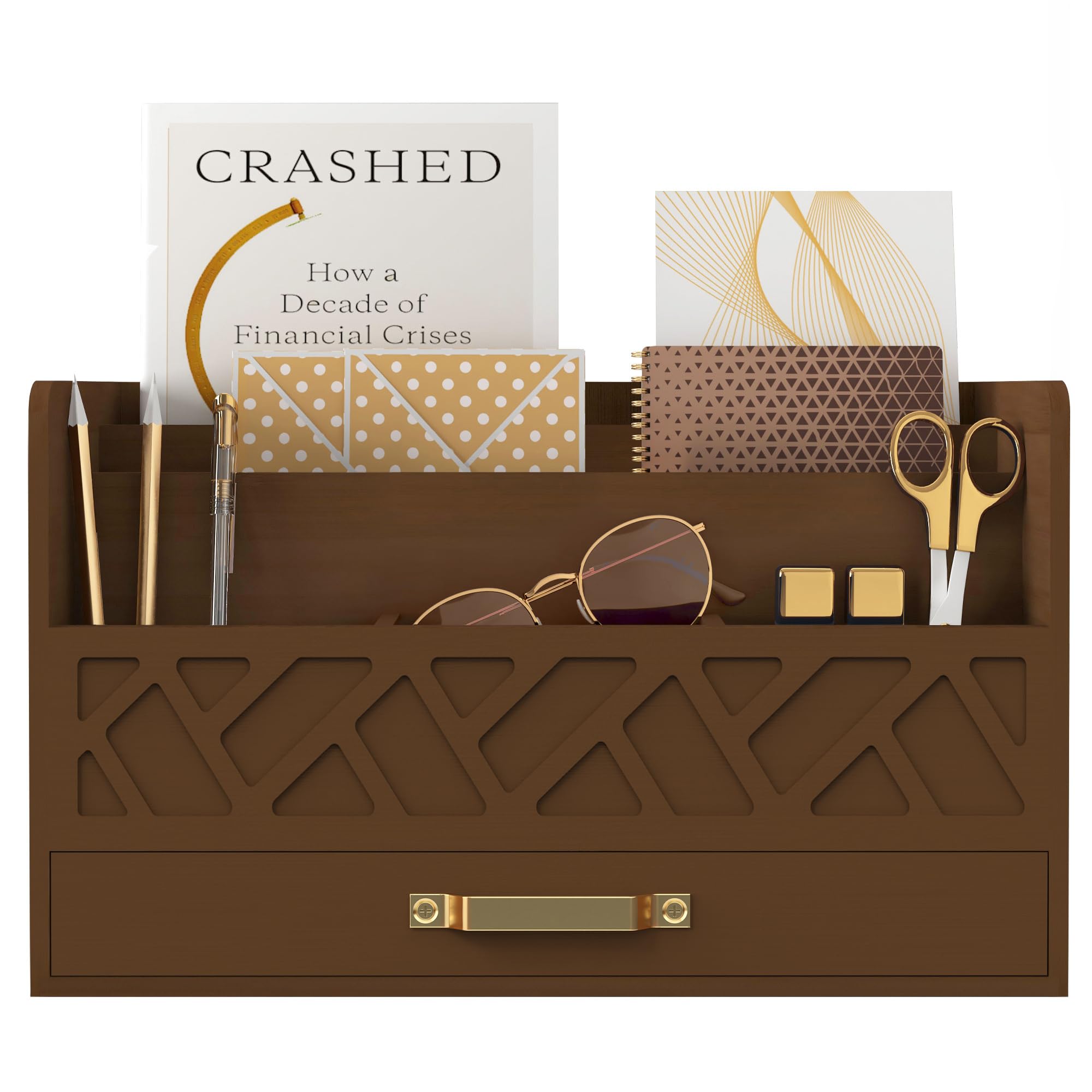Bamboo Desk Organizer - Wooden Mail Holder & Countertop Storage Box with Pen Holder, Letter Sorter & Makeup Organizer for Home Office, School Supplies (All Brown) | Perfect for Desk Organization, Mail Sorting & Makeup Storage