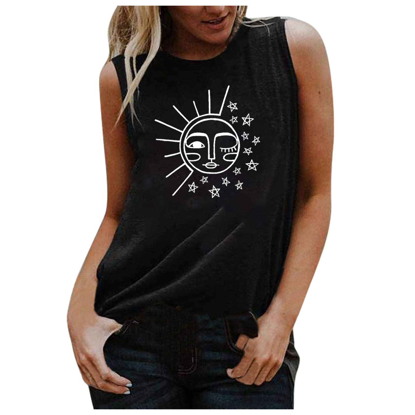 Funny Graphic Tank Tops for Women - Sleeveless Summer Crop Tees with Sun Moon Stars Print | Cute Streetwear Fashion for Beach, Music Festivals & Casual Outings