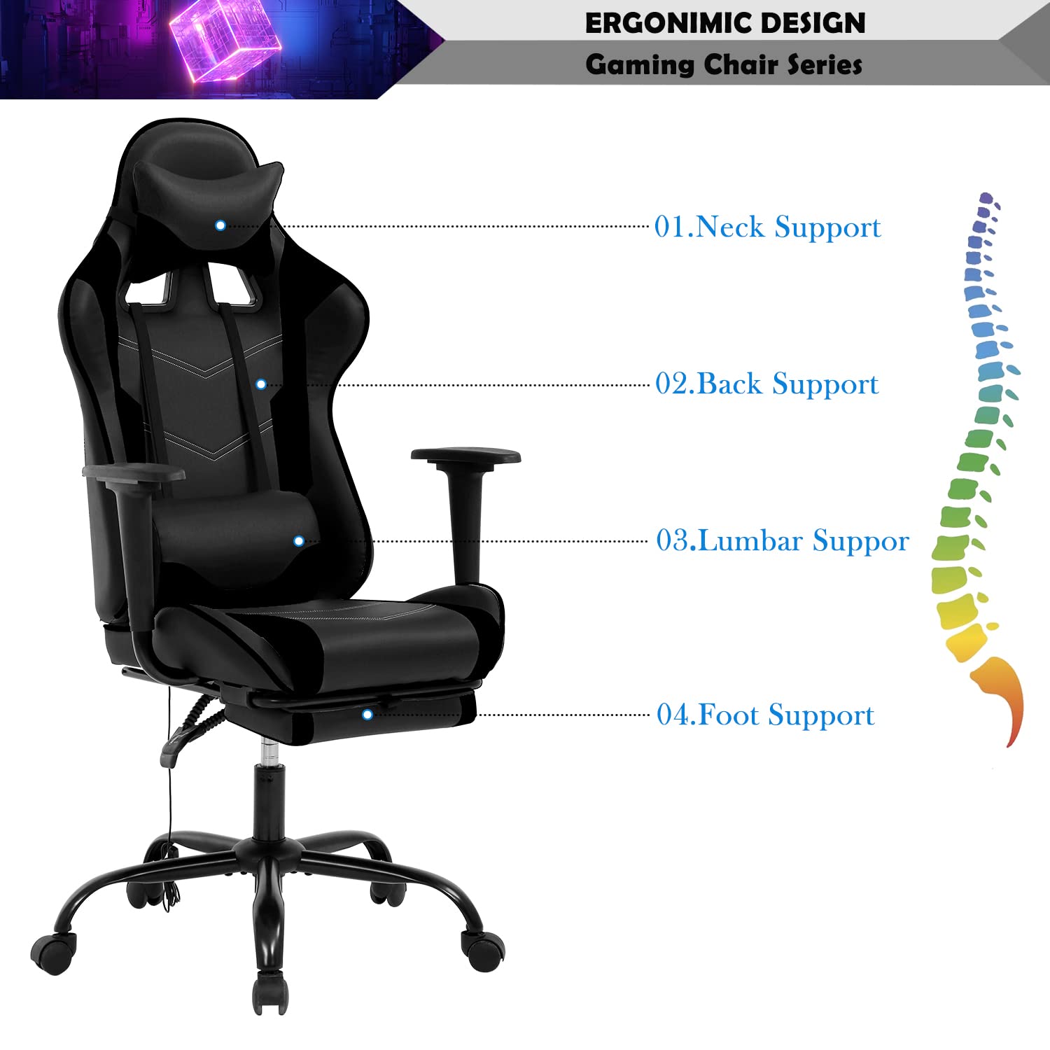 Ergonomic Gaming Chair with Adjustable Height, Swivel & Rolling Wheels - PU High Back Office Chair with Headrest, Footrest & Lumbar Massage Support - Perfect for PC Gaming, Home Office & Workstations