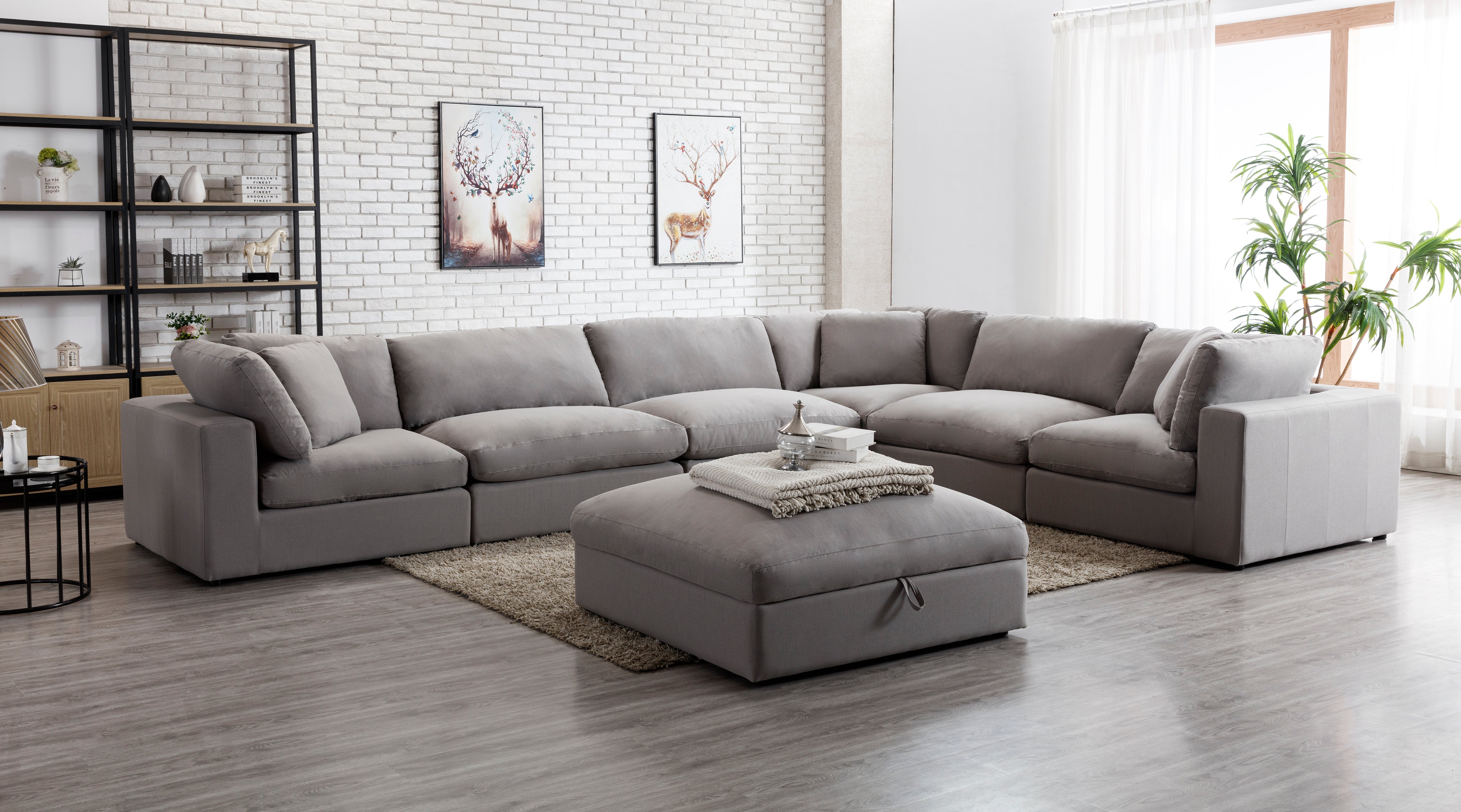 Rivas Contemporary Feather Fill 7-Piece Modular Sectional Sofa with Ottoman in Graphite - Perfect for Living Room, Lounge & Family Gatherings