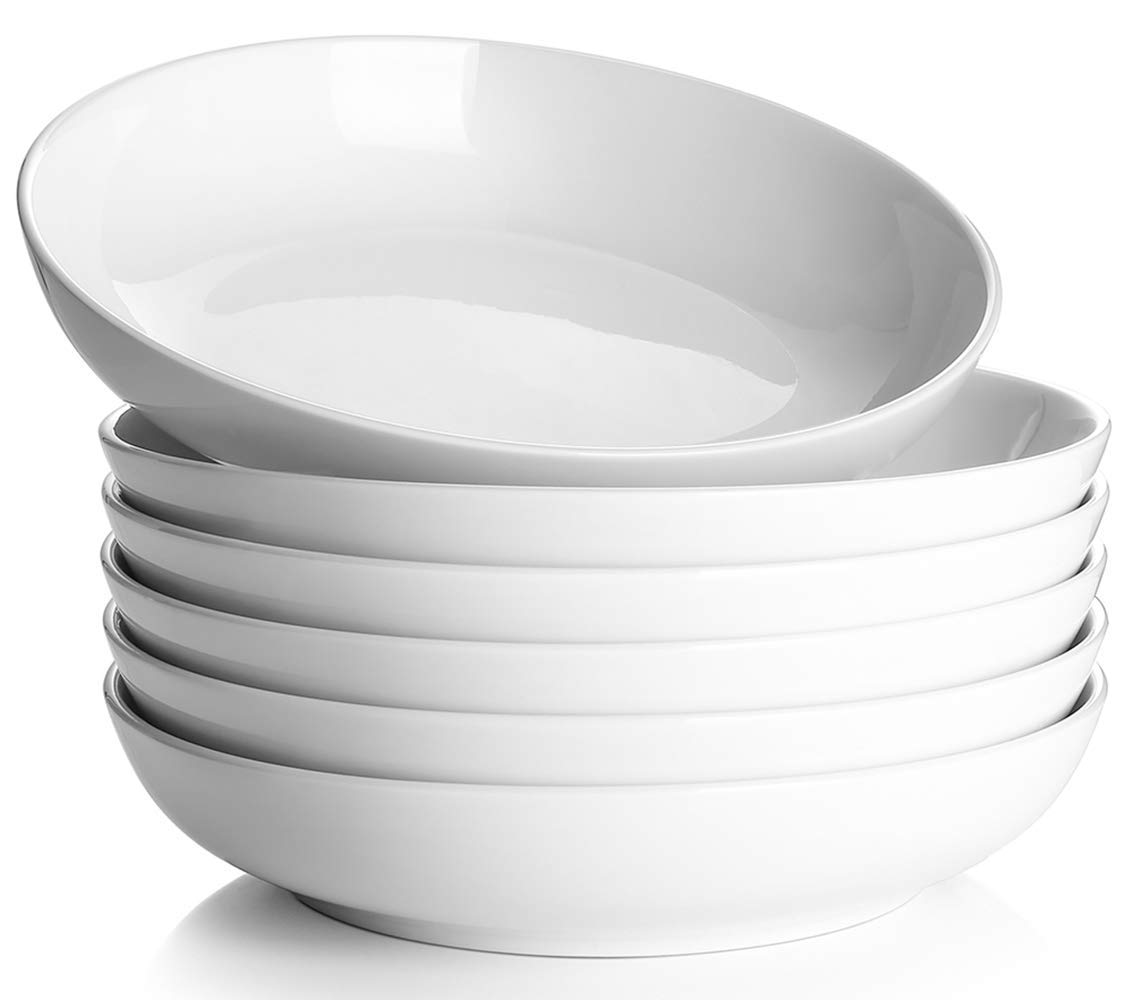Y YHY 30oz White Porcelain Pasta Bowls Set of 6 - Large Wide Shallow Soup & Salad Serving Bowls, Microwave & Dishwasher Safe - Perfect for Family Dinners, Entertaining Guests & Valentine's Day Gifts