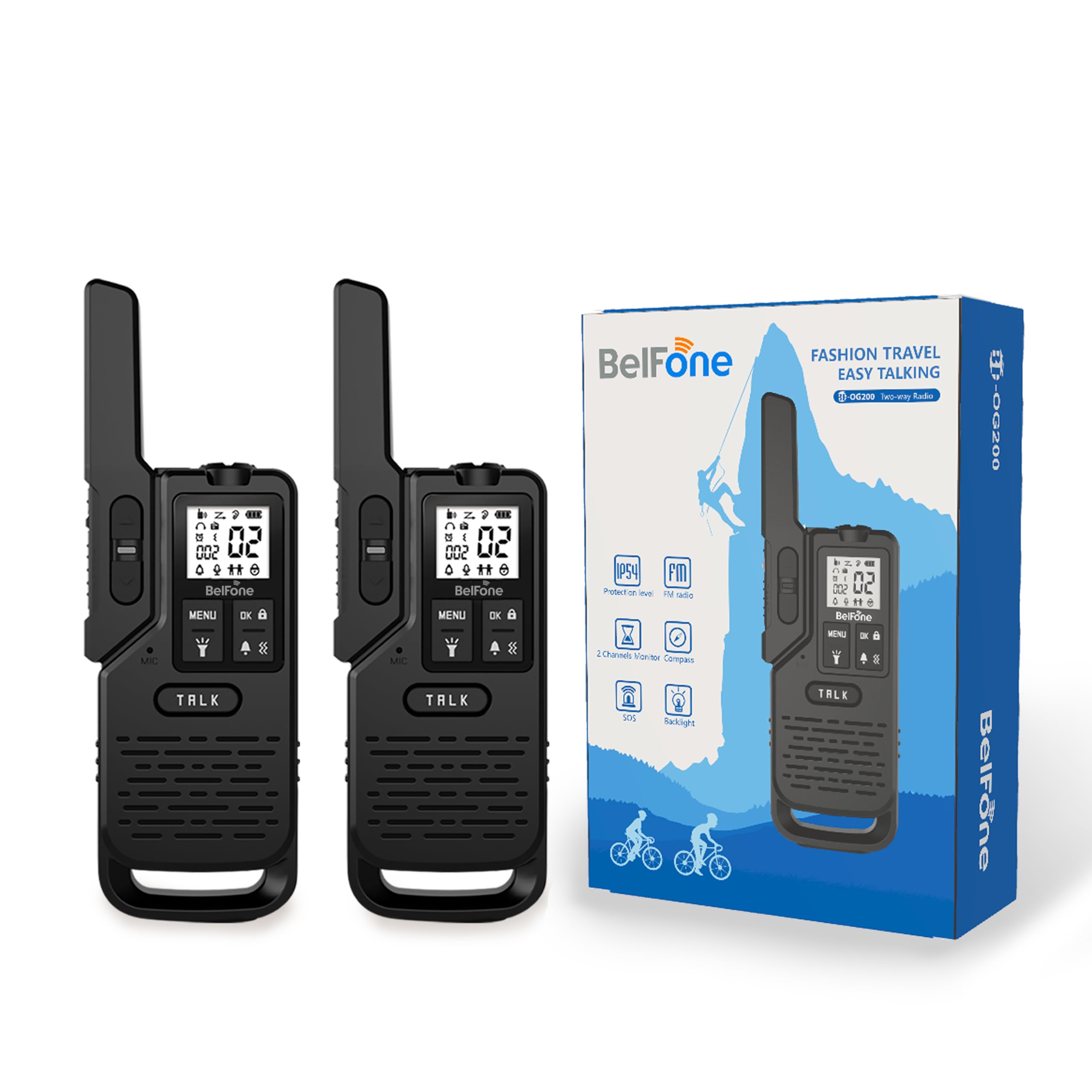 Professional Long Range Walkie Talkies 2 Pack - 20 Channel Two Way Radios with IP54 Waterproof, Flashlight, Stopwatch, Compass & SOS Siren | VOX Function Support | Ideal for Hiking, Camping, Construction & Emergency Communication