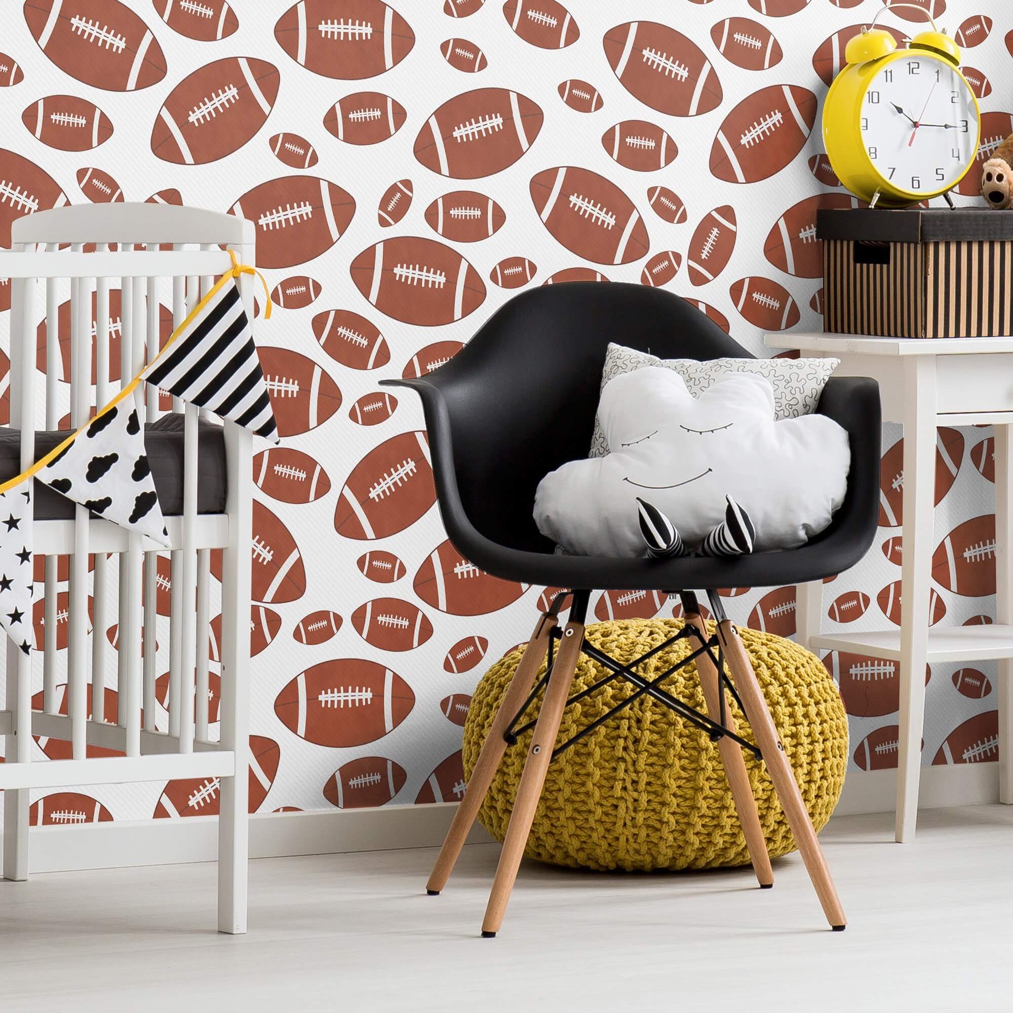 White and Brown Sports-Themed Peel and Stick Removable Wallpaper for Kids - Self-Adhesive Nursery Decor for Boys' Room, Playroom, and Bedroom Walls