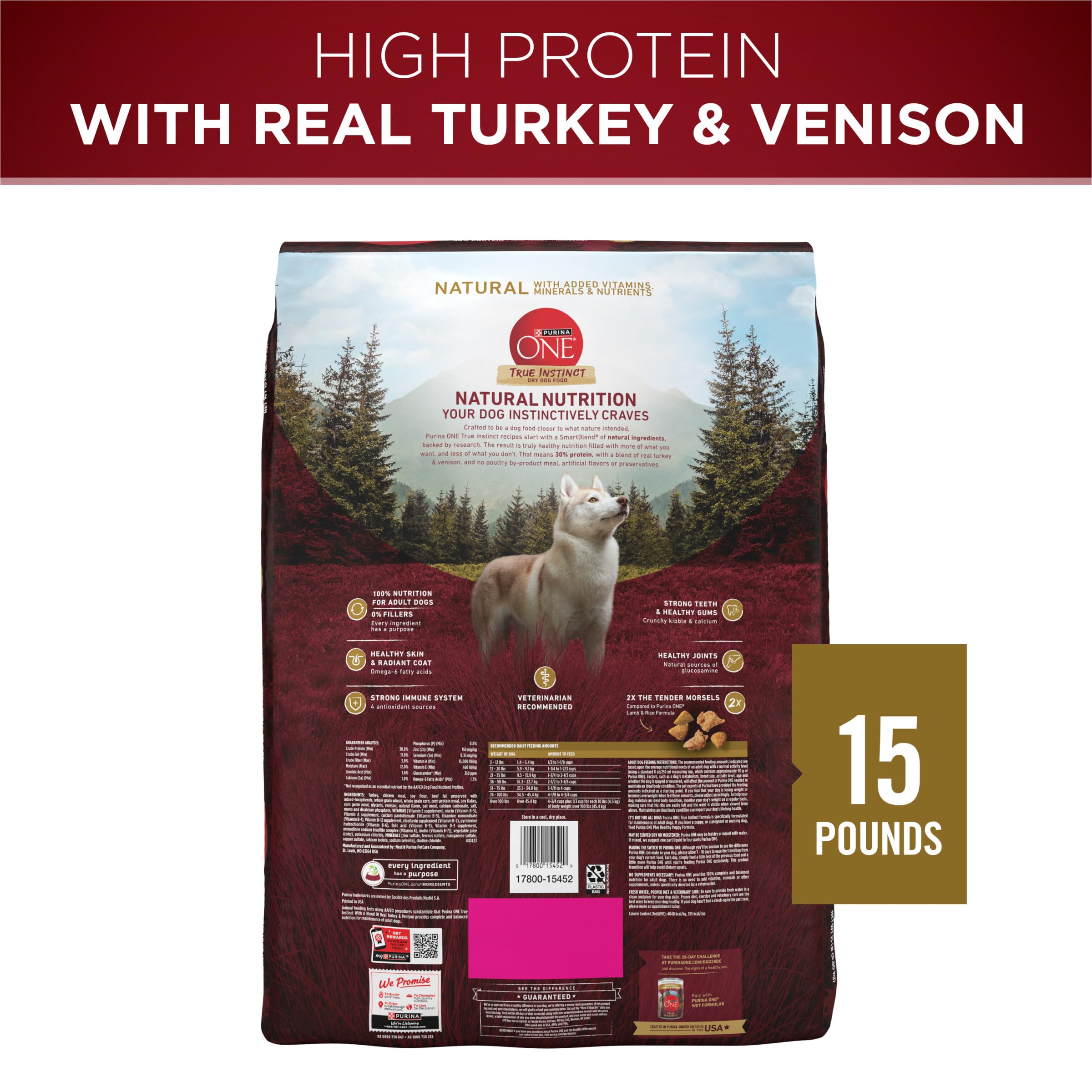 Purina ONE True Instinct High Protein Dry Dog Food with Real Turkey & Venison - 15 lb Bag for Adult Dogs - Perfect for Active Pets & Outdoor Adventures