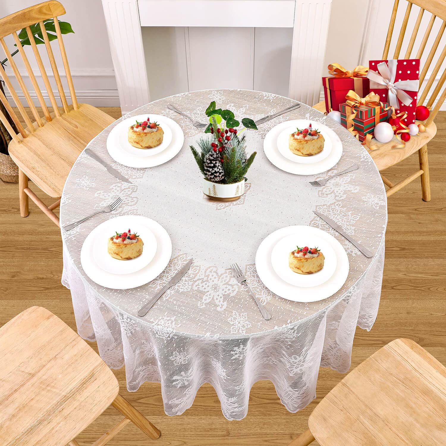 WUBODTI 70 Inch Round White Christmas Tablecloth with Snowflake Lace & Floral Embroidery - Elegant Sheer Dining Table Cover for Restaurants, Coffee Shops, Kitchen & Holiday Decor | Perfect for Christmas Parties, Family Gatherings & Festive Dining