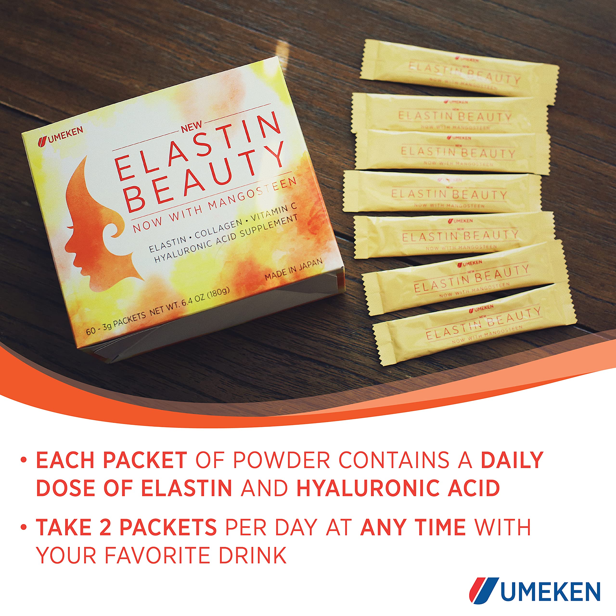 Umeken Elastin Beauty Powder Supplement with Collagen Peptides & Hyaluronic Acid - Vitamin C & Mangosteen Fruit for Women's Health - 60 Packets (1 Month Supply) - Skin Hydration & Anti-Aging Support for Daily Beauty Routine