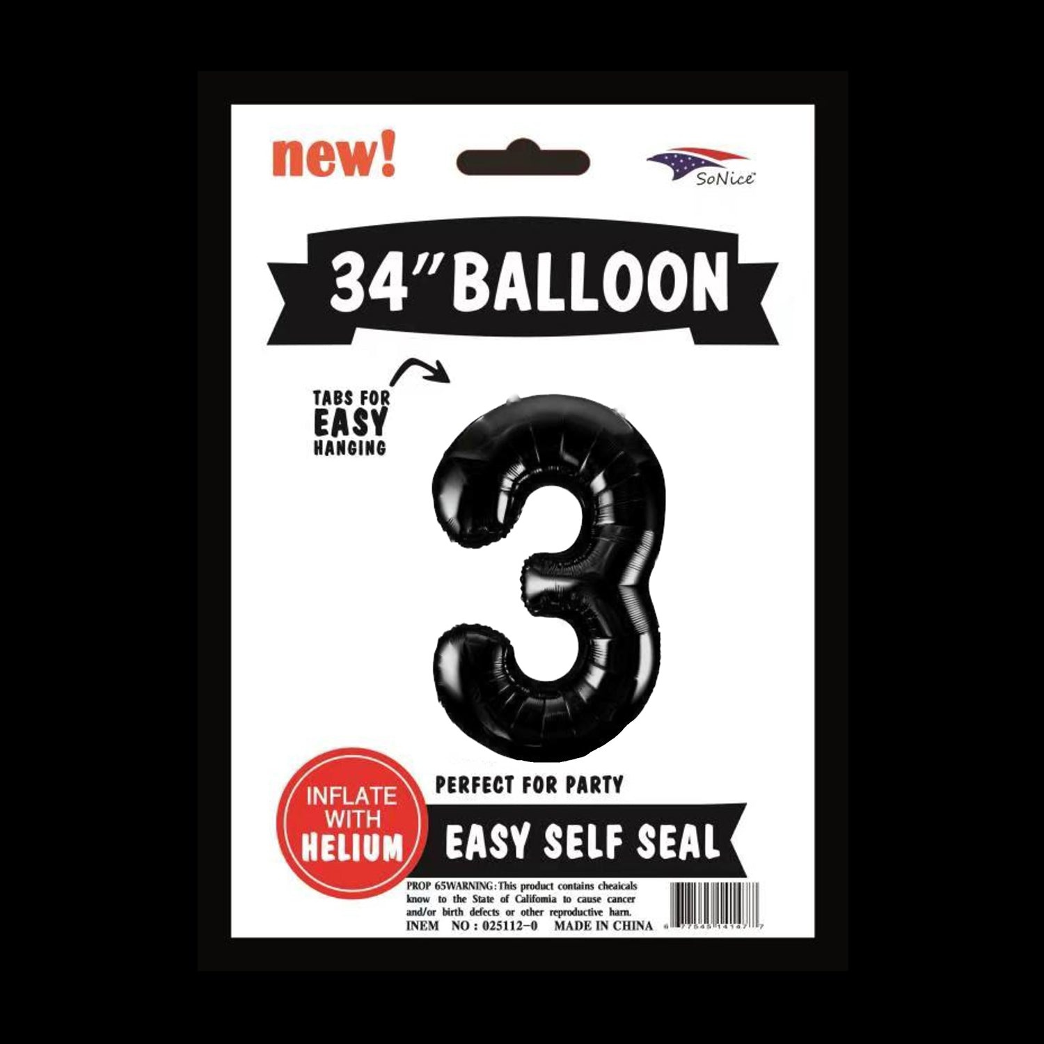 34 Inch Black Number 3 Foil Balloons for Birthday Parties, Anniversaries & Celebrations - Pack of 1