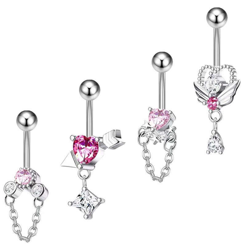 Angel Cupid Heart Bar Belly Button Rings - Surgical Steel Navel Piercing Jewelry for Women | Q0066 | Perfect for Summer Beach, Pool Parties & Body Jewelry Collection