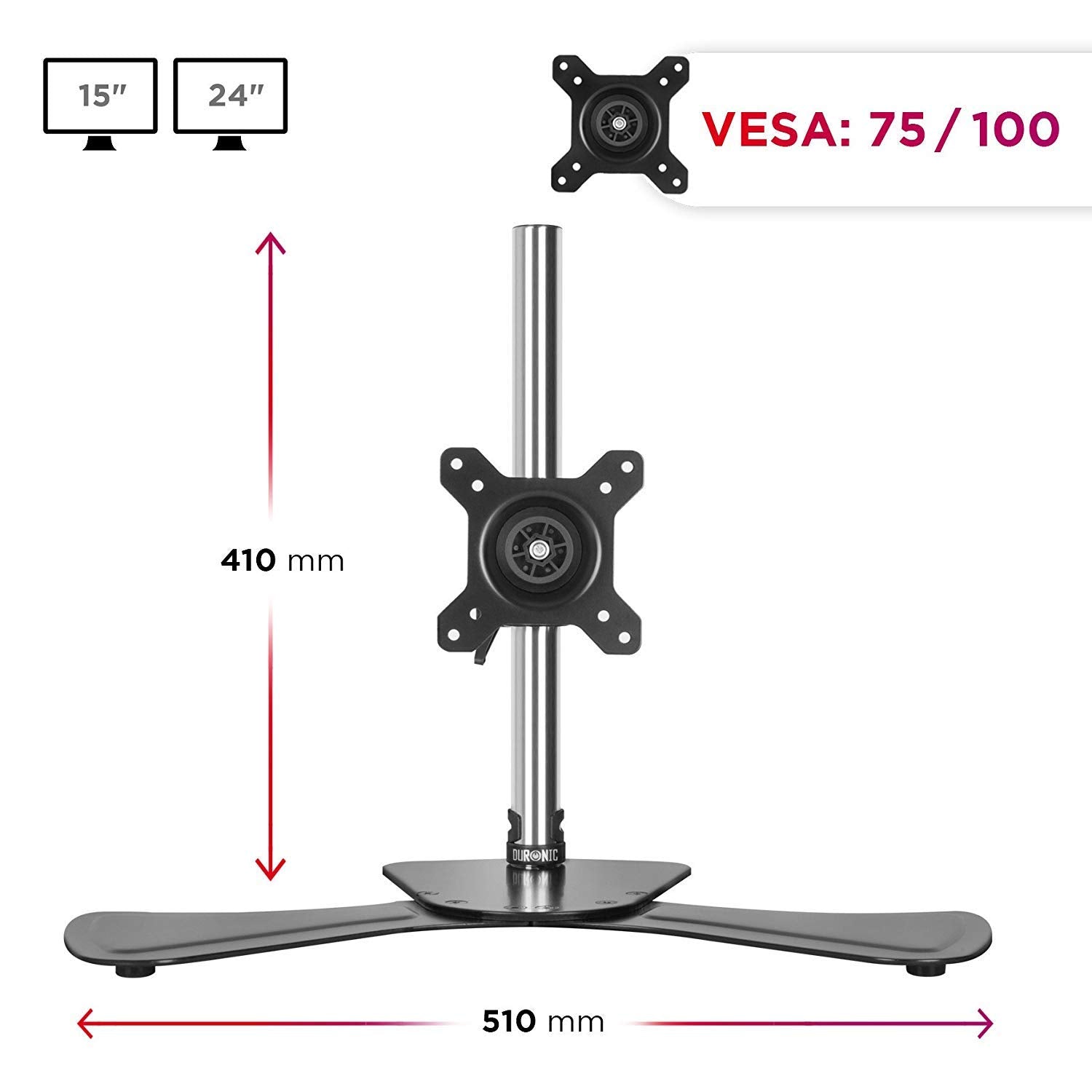 Duronic DM751 Single Monitor Stand - Adjustable Freestanding PC Arm Desk Mount for 15-24 Inch LED/LCD Screens (VESA 75/100, 8kg Capacity) with 360° Rotation & ±15° Tilt - Black | Perfect for Home Office, Gaming Setup & Workspace Ergonomics