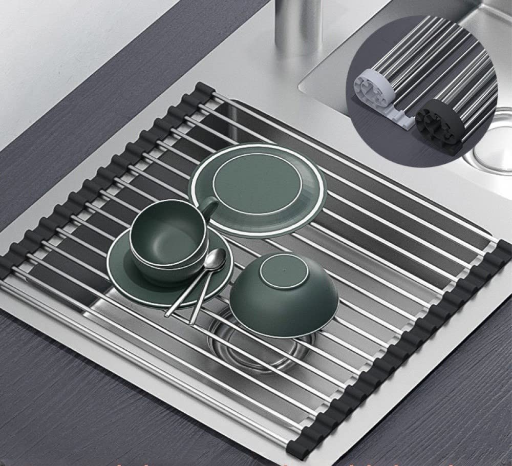 Collapsible Over The Sink Dish Drying Rack - Space Saving Roll Up Dish Drainer with Shelf for Kitchen Organization | Perfect for Small Kitchens, Apartments & RV Living